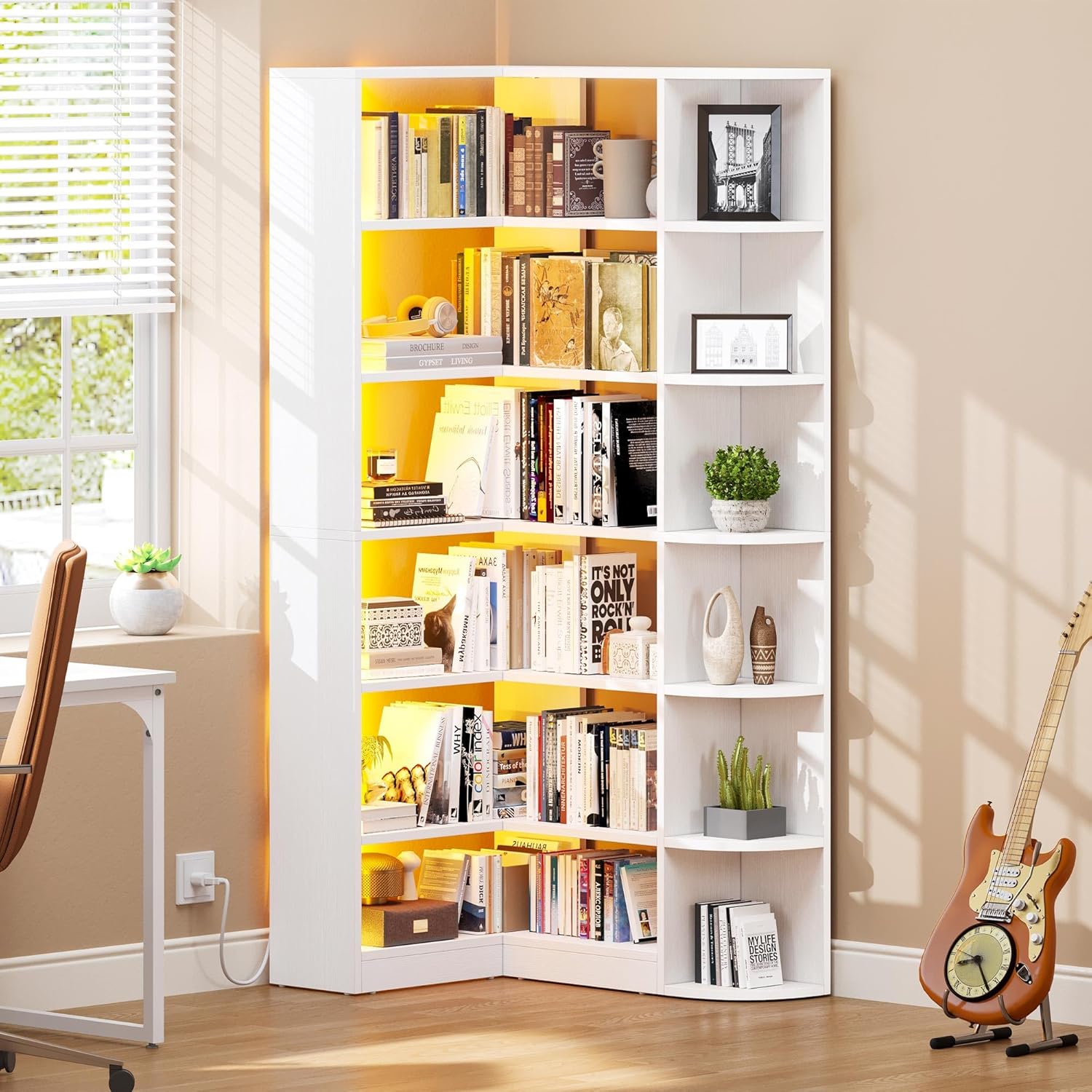 YITAHOME Corner Bookshelf with LED Light, 6 Tier Corner Shelf White Bookshelf L-Shaped Bookcase Storage Display Shelf for Home Office, Living Room, White