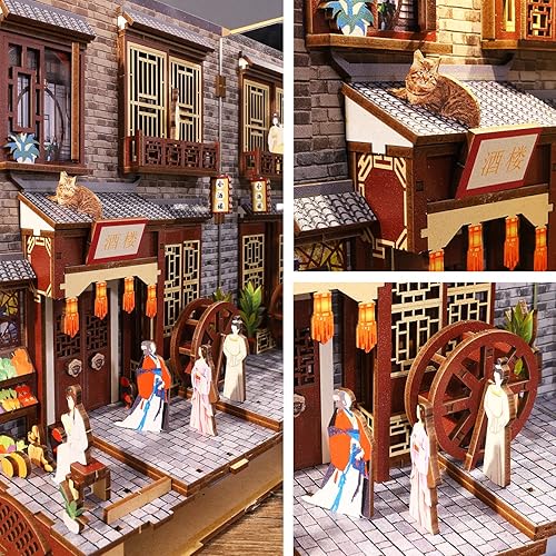 Miniatura 6 de SPILAY Kit de montaje de rincón de libros en miniatura para casa de muñecas rompecabezas de madera 3D con luz de sensor kit de creatividad para