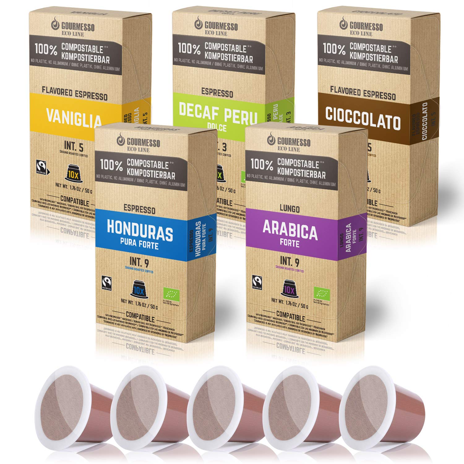 Gourmesso Eco Line Box (5 Types) - 100% compostable * and Sustainable Coffee Capsules | Without Aluminum and Plastic - 50 Nespresso Compatible Coffee Capsules - Organic and fair Trade