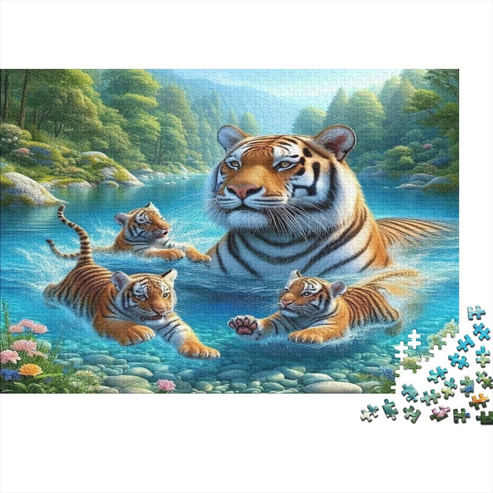Tigers Family 1000 Piece Jigsaw Puzzle for Adults Paper Material River Scene Puzzle Game for Family Relaxation Home Decor 52x38cm/1000pcs