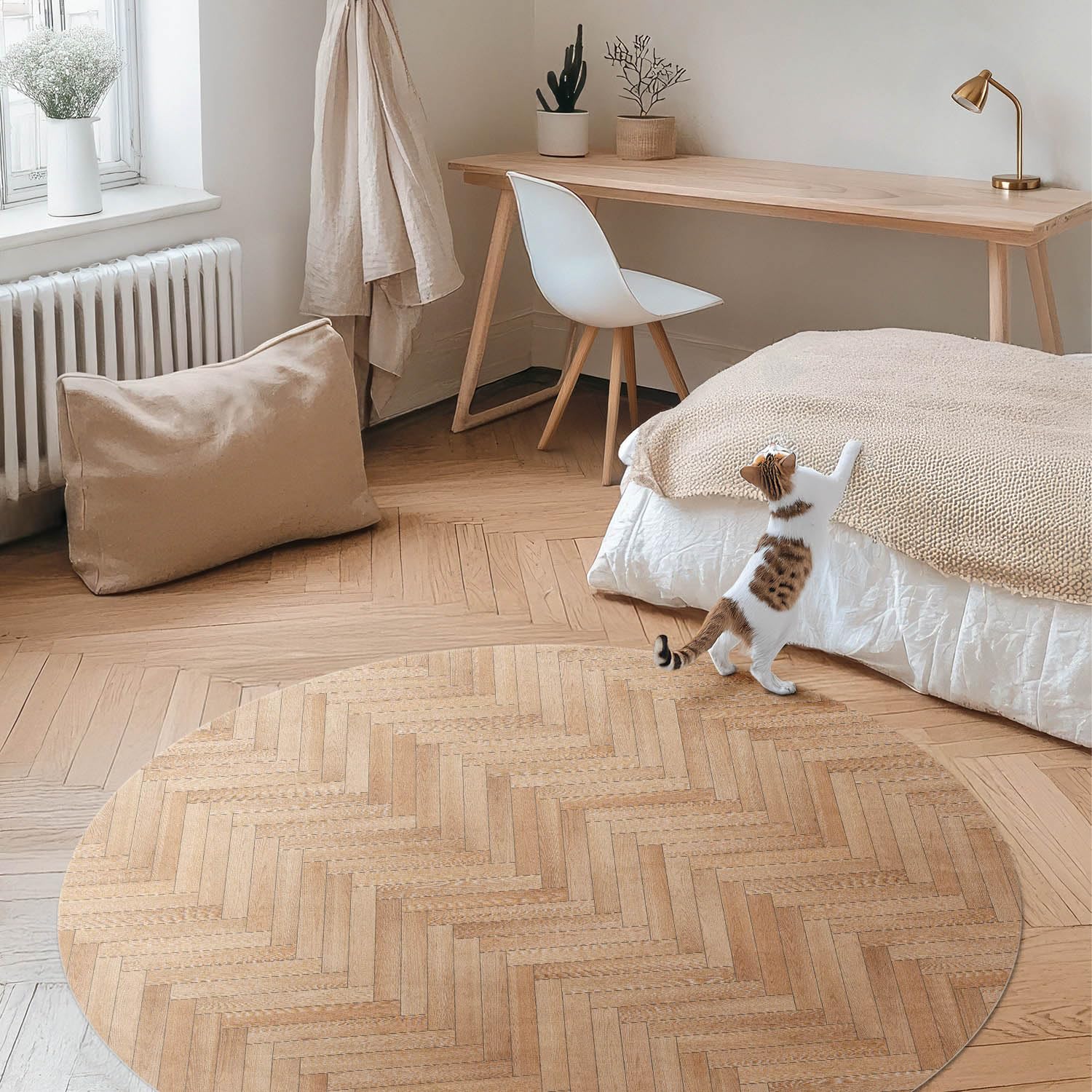 Tapis Vinyle ø70 cm pour Salon Chambre Intérieur PVC Maison Deco de Sol Cuisine Entretien Facile Durable et élégant Rond Résistant à la Rayure - Parquet à Chevrons