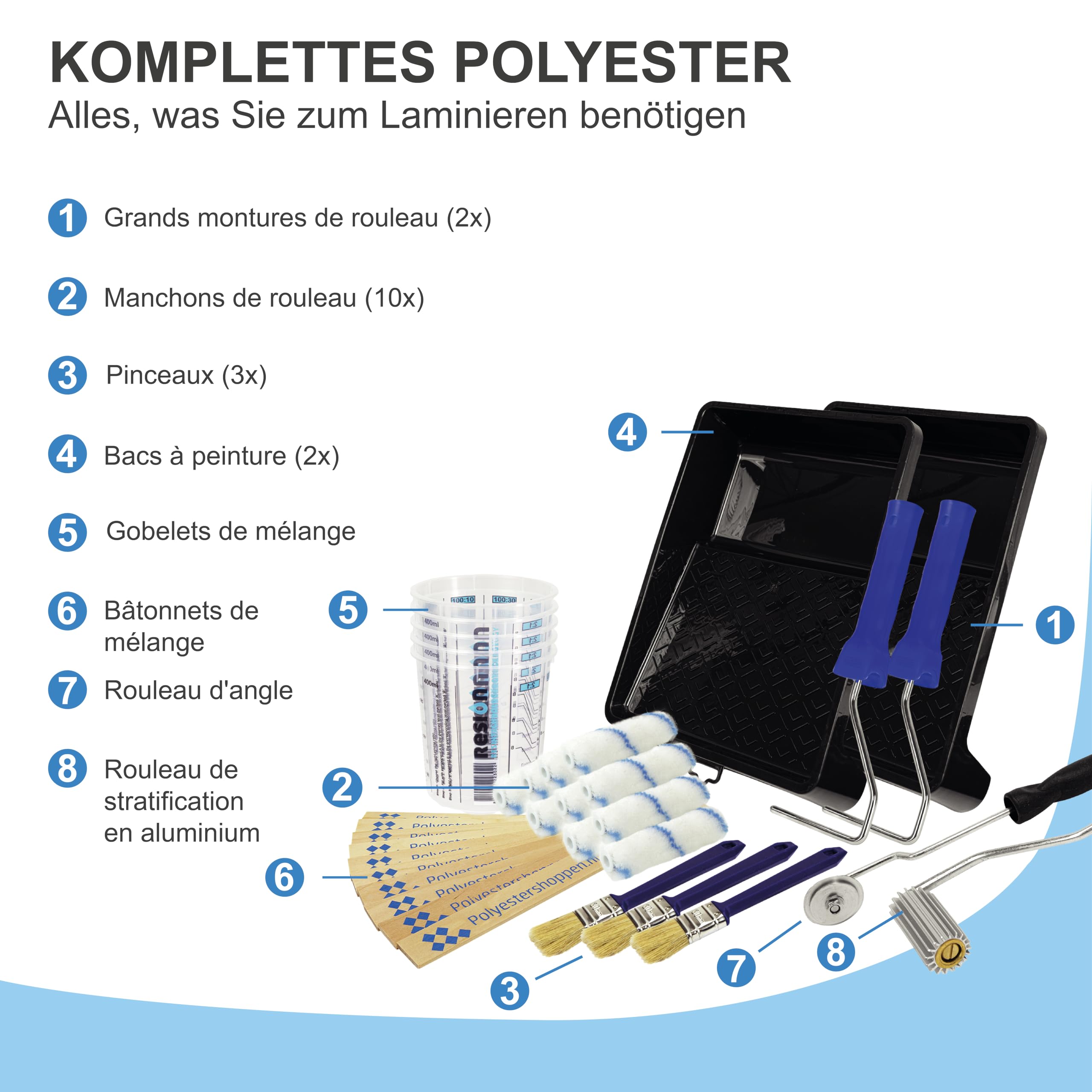 Kit d'outils très complet pour fibres composites - Rouleau de dégonflage - 10 rouleaux de plastification - 5 tasses à mélanger - 3 brosses plates - Pour fibre de verre, résine composite, GRP