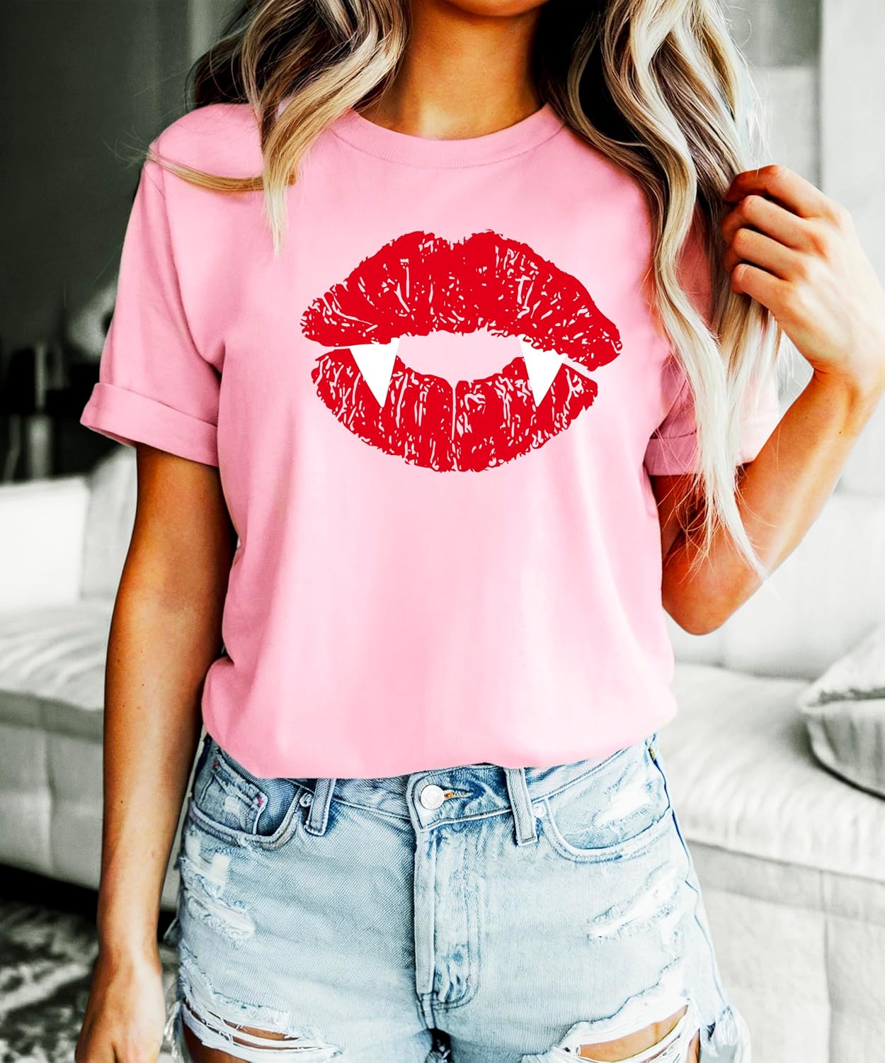 Trendy Vampire Lips T-Shirt for Women and Youth Girls Fall Halloween Graphic Tee