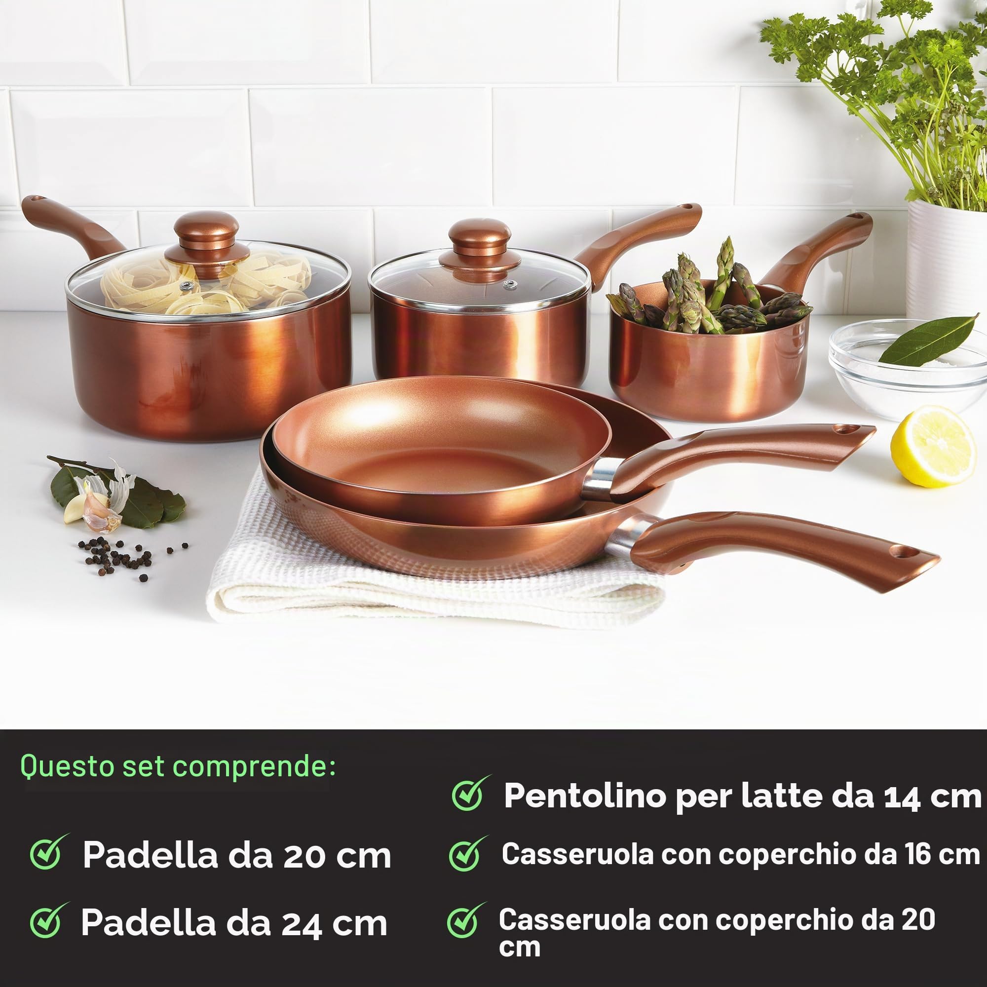 Set di 5 pezzi in ceramica, alluminio, rame, 46 x 29 x 13 cm