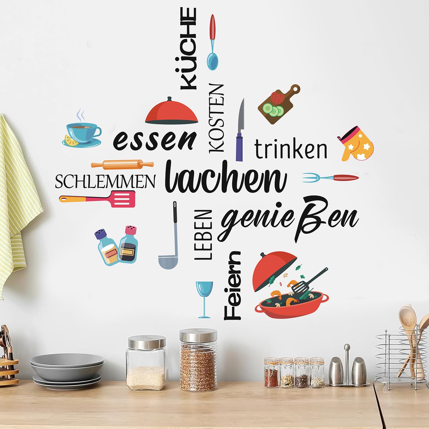 HPNIUB Wandtattoo Küche Selbstklebend Wanddeko Esszimmer Wandtattoo Sprüche und Zitate Leben Wandaufkleber Schwarz Küchen Deko Wand