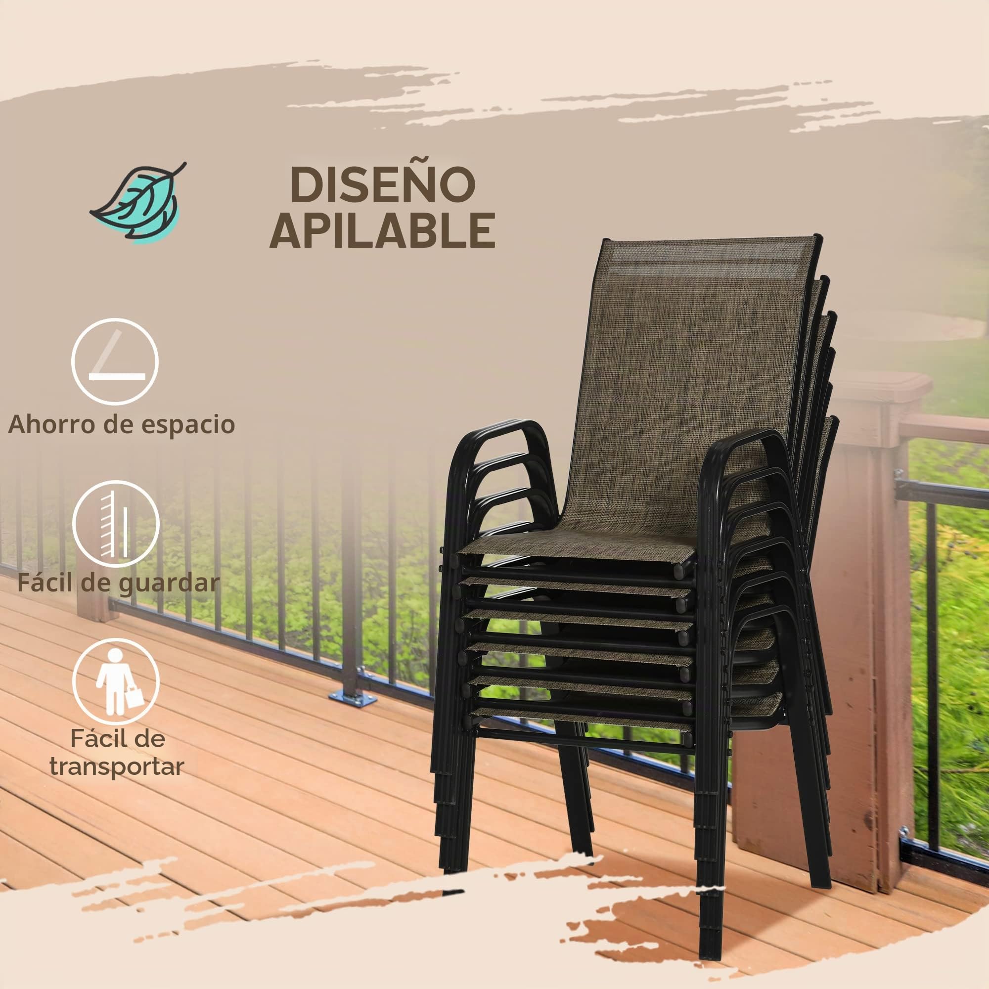 Outsunny Juego de 6 Sillas de Jardín Apilables para Ahorrar Espacio, Sillas de Exterior con Reposabrazos Metálicos y Tejido Transpirable, Marrón
