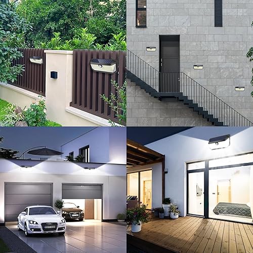 Miniatura 7 de Luces solares impermeables para exteriores, paquete de 4, 388 luces LED superbrillantes con sensor de movimiento con luces reflectoras y 3 modos de