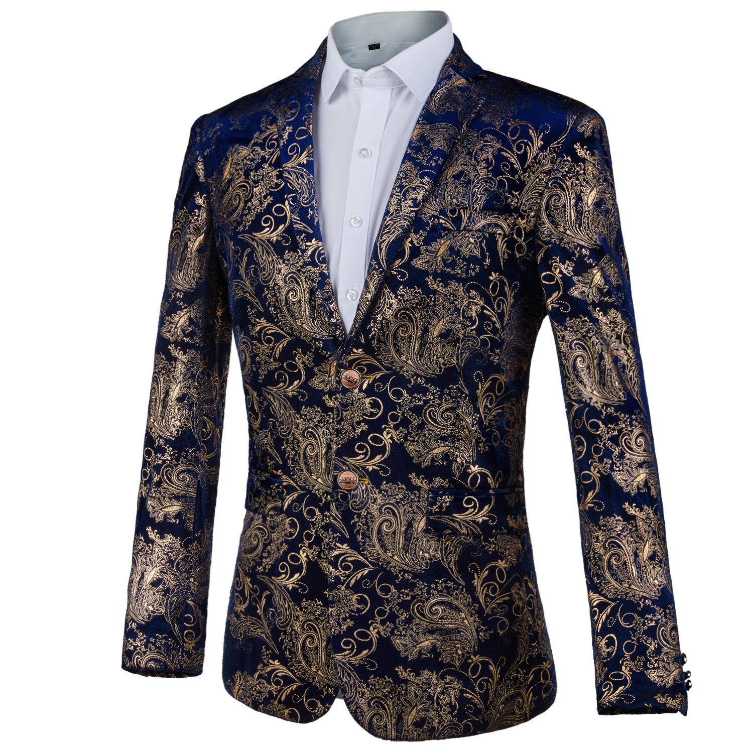 GOMY Men's Luxury Casual Dress Suit Jacket Slim Fit Floral Prints Stylish Blazer Coats (2XL, Blue Gold)