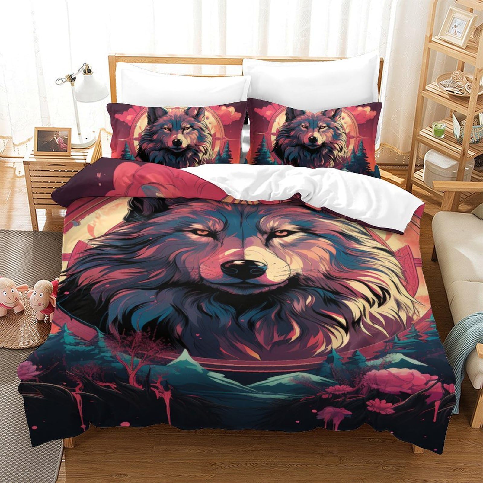 Housse de couette loup 3D parure de lit 3 pièces 140x200cm single