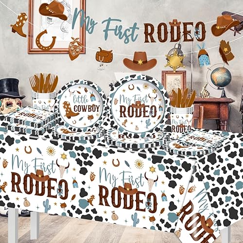 Miniatura 3 de My First Rodeo - Suministros para fiesta de cumpleaños para niño, 142 piezas, vajilla de vaquero occidental, decoración de fiesta de cumpleaños de