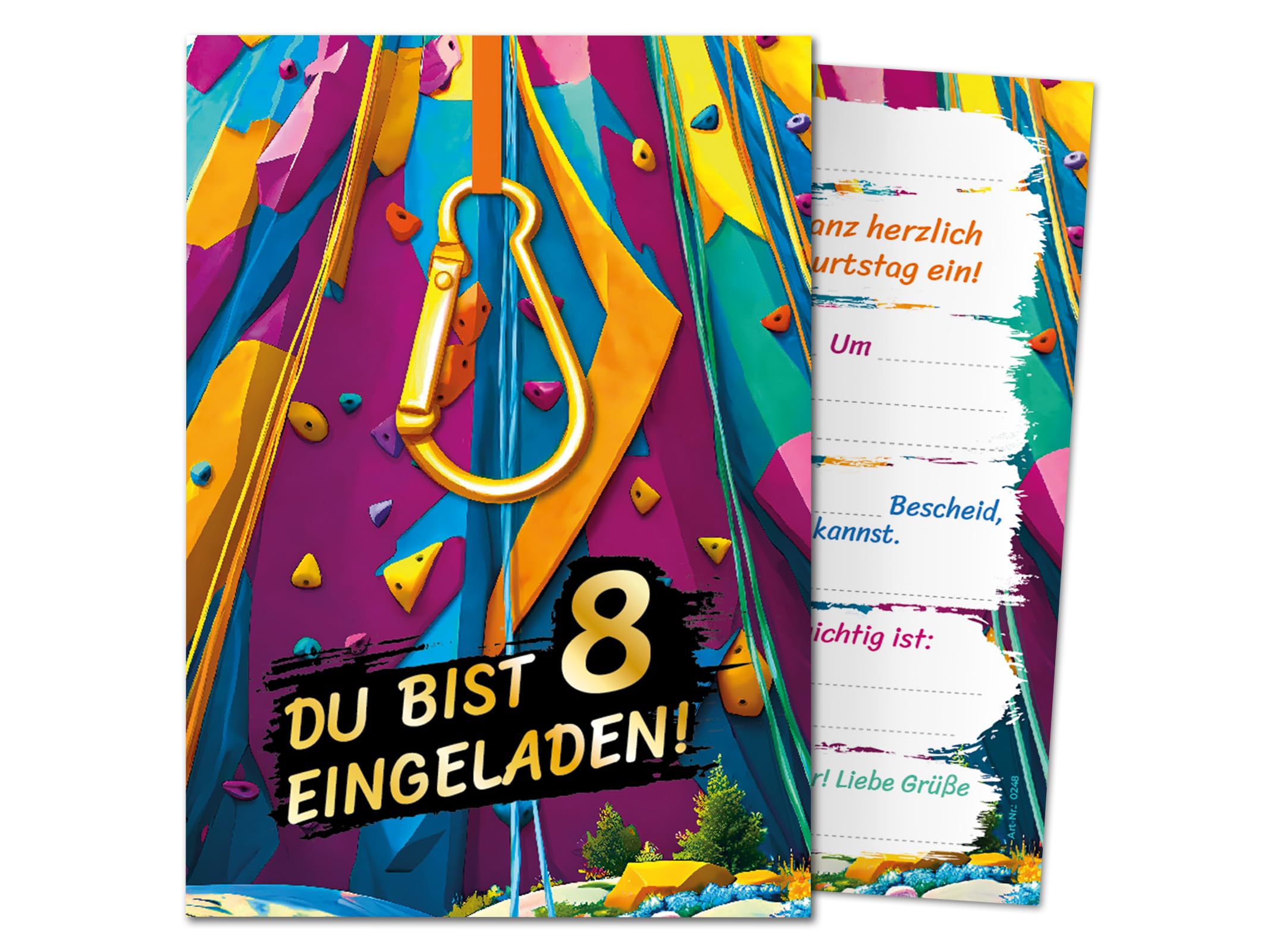 JuNa-Experten 12 Einladungskarten zum 8. Kindergeburtstag Jungen Mädchen Klettern Kletterpark coole bunte Einladungen achte Geburtstag