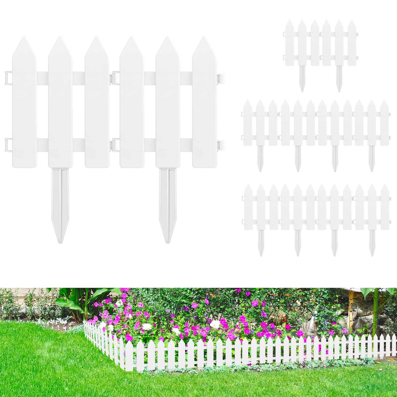 PLULON 12 Pieces Garden Fence with 12 Pieces Fence Insert White Plastic Fence Garden Picket Fence Edgings Lawn Flowerbeds Plant Borders Decorative Garden Yard