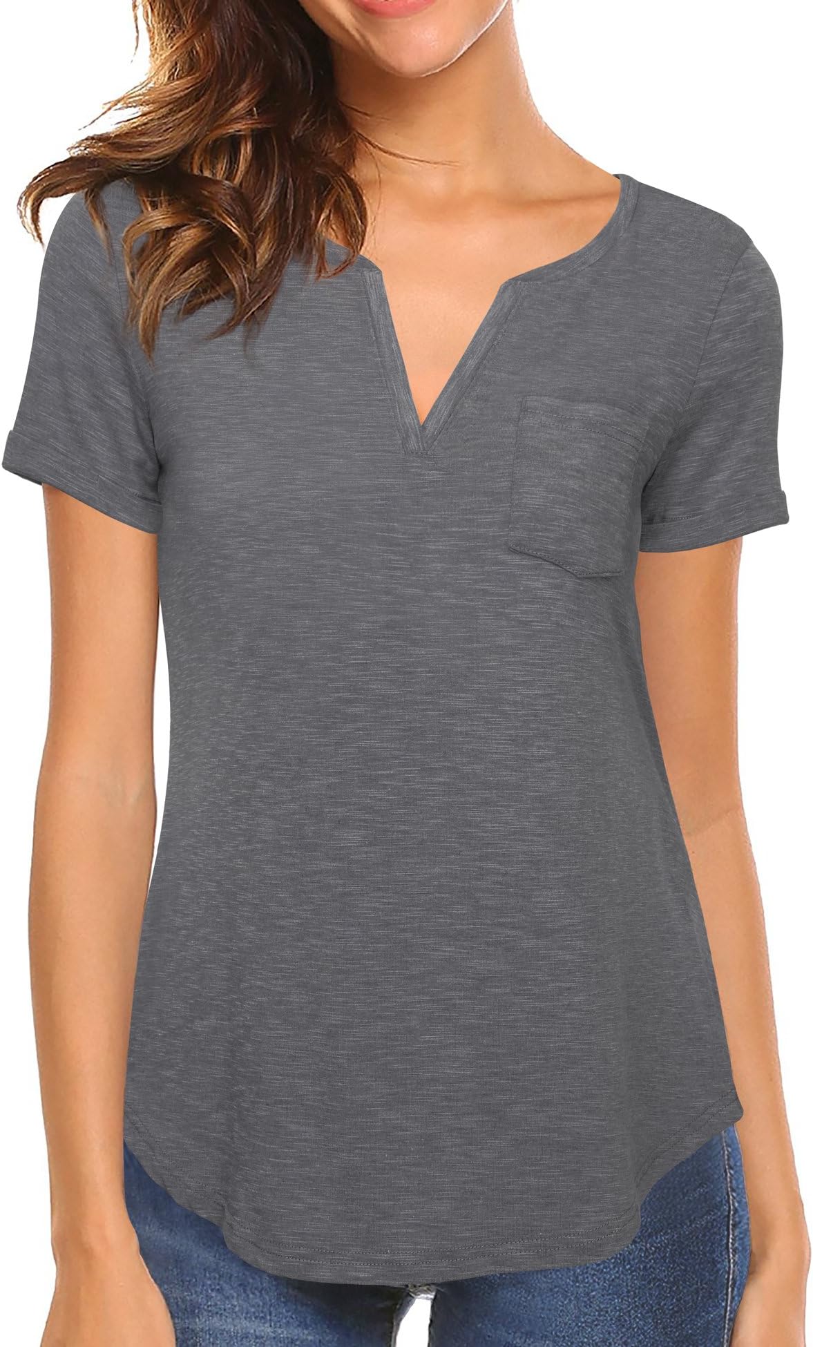 VAFOLY Womens Short Sleeve V Neck Loose Tops Casual T Shirts with Pockets (Large, Carbon Black)