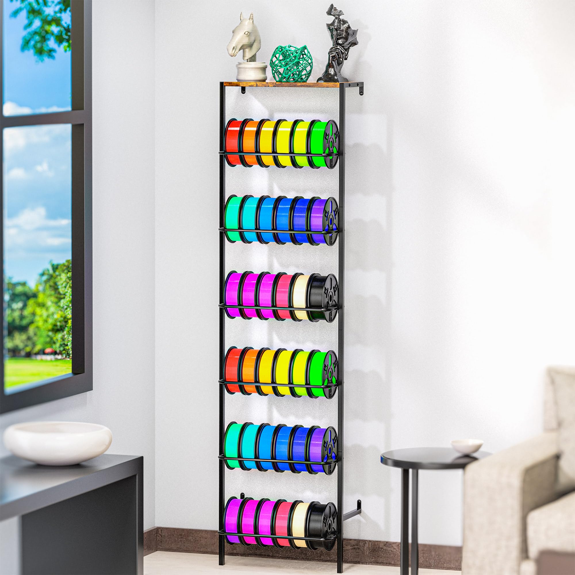 Support mural de rangement pour filament d'imprimante 3D, support de bobine de filament à 6 niveaux avec plateau en bois supérieur, support de rangement de filament en métal robuste pour