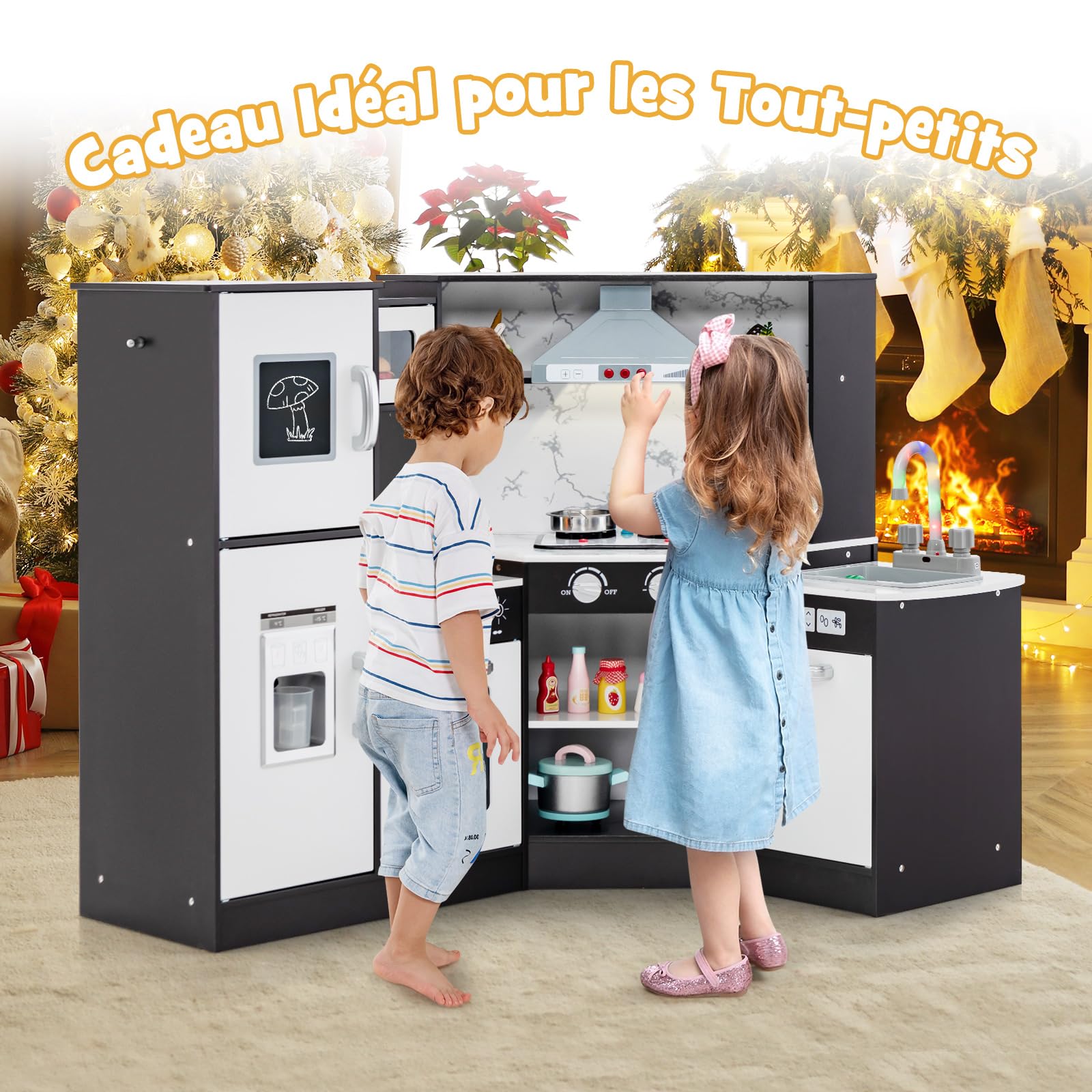 GOPLUS Cuisine en Bois Enfant, Cuisine d'angle avec Tableau Noir, Hotte, Micro-Ondes, Four, Effets Lumineux et Sonores, Accessoires Riches, Jouet d'Imitation pour Enfant 3+ Ans (Café)