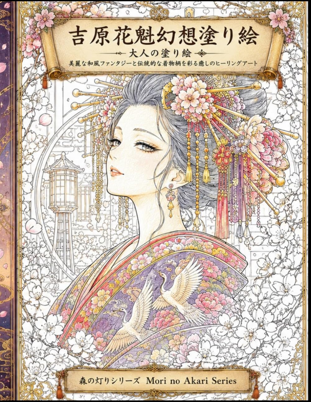 吉原花魁幻想塗り絵: 大人の塗り絵 美麗な和風ファンタジーと伝統的な着物柄を彩る癒しのヒーリングアート (森の灯りシリーズ花魁)