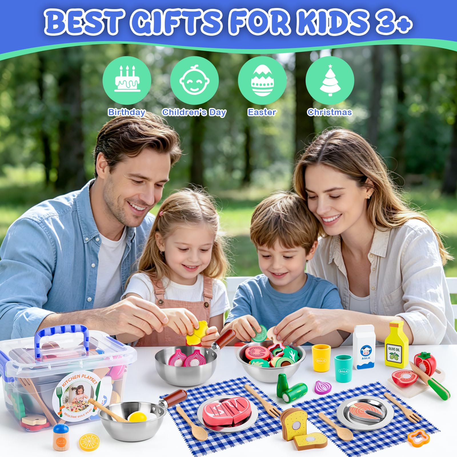 SEMKOTREE Cucina Giocattolo per Bambini, Accessori Cucina Bambini Legno Set Utensili Cucina, Insalatiera Pentole Acciaio Inox, Giochi Bambina Gioco Montessori, Regalo Bimba Bimbo 3 4 5 6 Anni