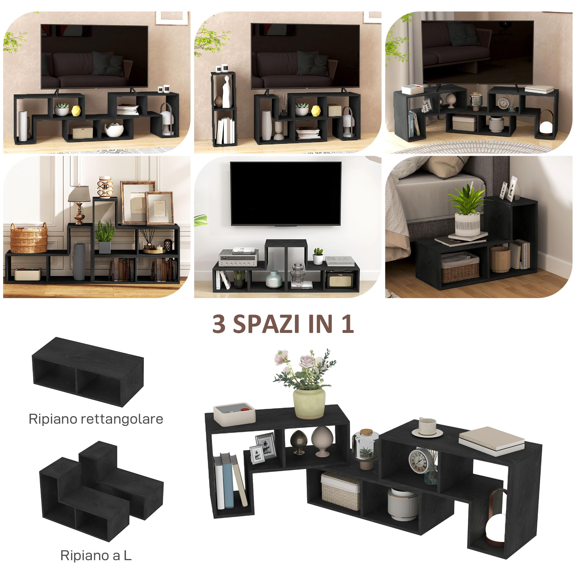 HOMCOM Mobile TV 75" max Modulabile con 2 Ripiani a L e Mensola Rettangolare, Mobile Porta TV Moderno in Truciolato per Soggiorno, 134-180x30.5x44 cm, Nero