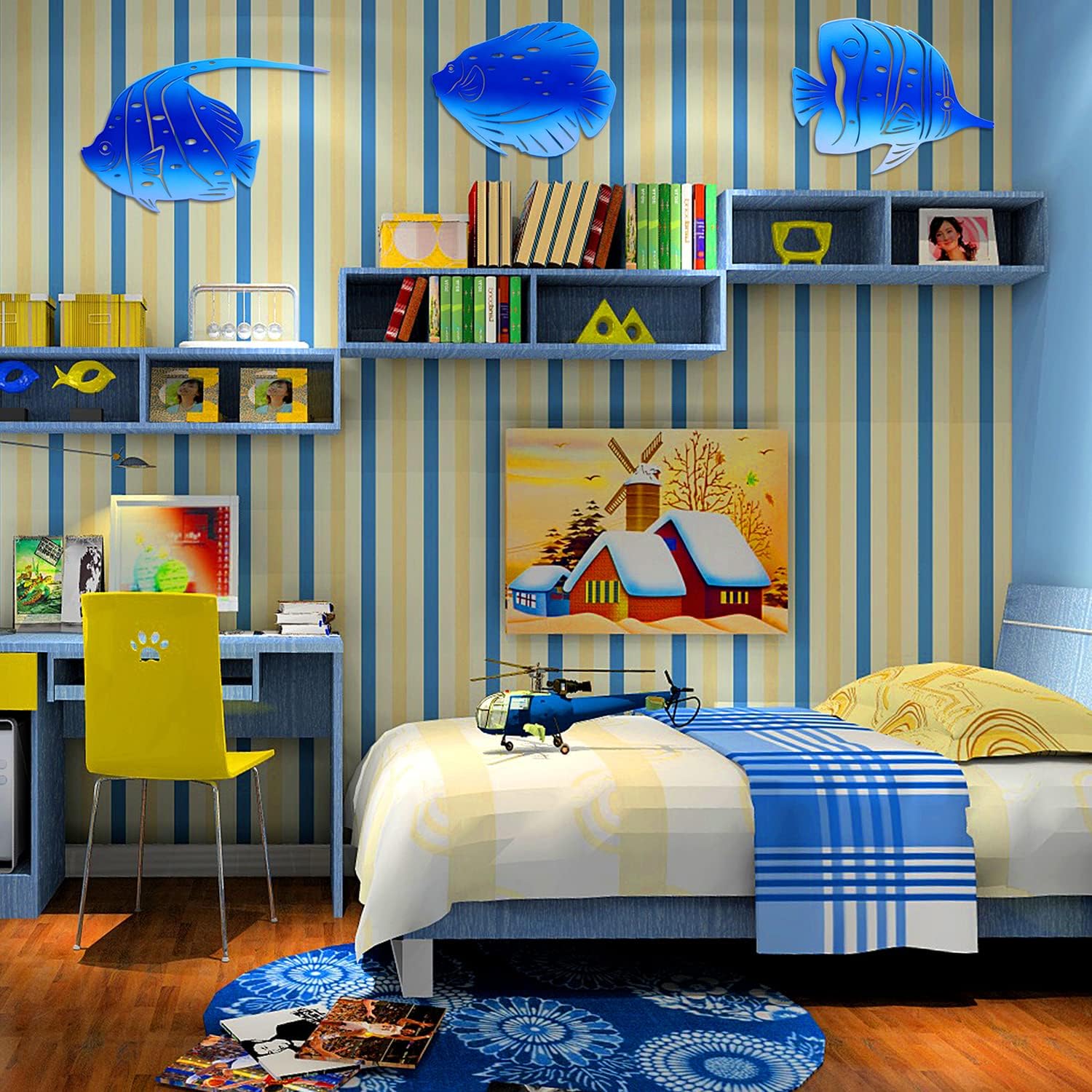 sea wall art decor tropical fish metal hanging decorations for bathroom beach indoor outdoor ocean pool coastal patio home office Bedroom living room blue 3 set, 9 inch, family gifts Rays