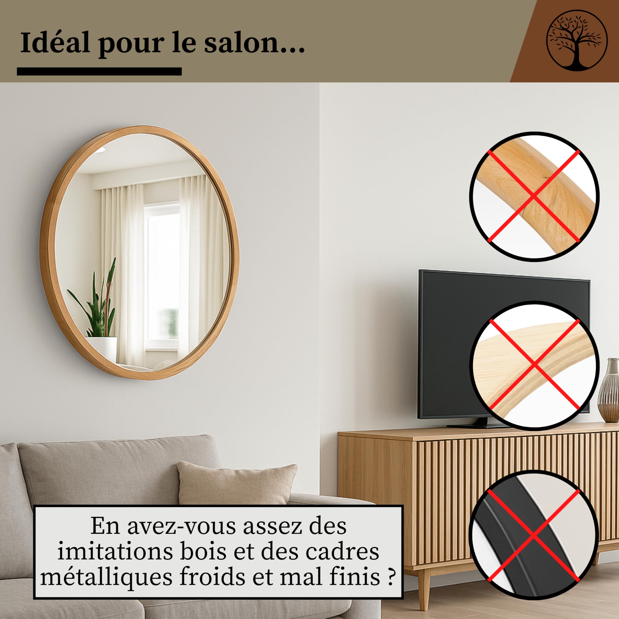 LEJA – Miroir Mural Rond, Cadre en Bois (∅80 cm), chêne – pour Salle de Bain, entrée, Salon, Chambre