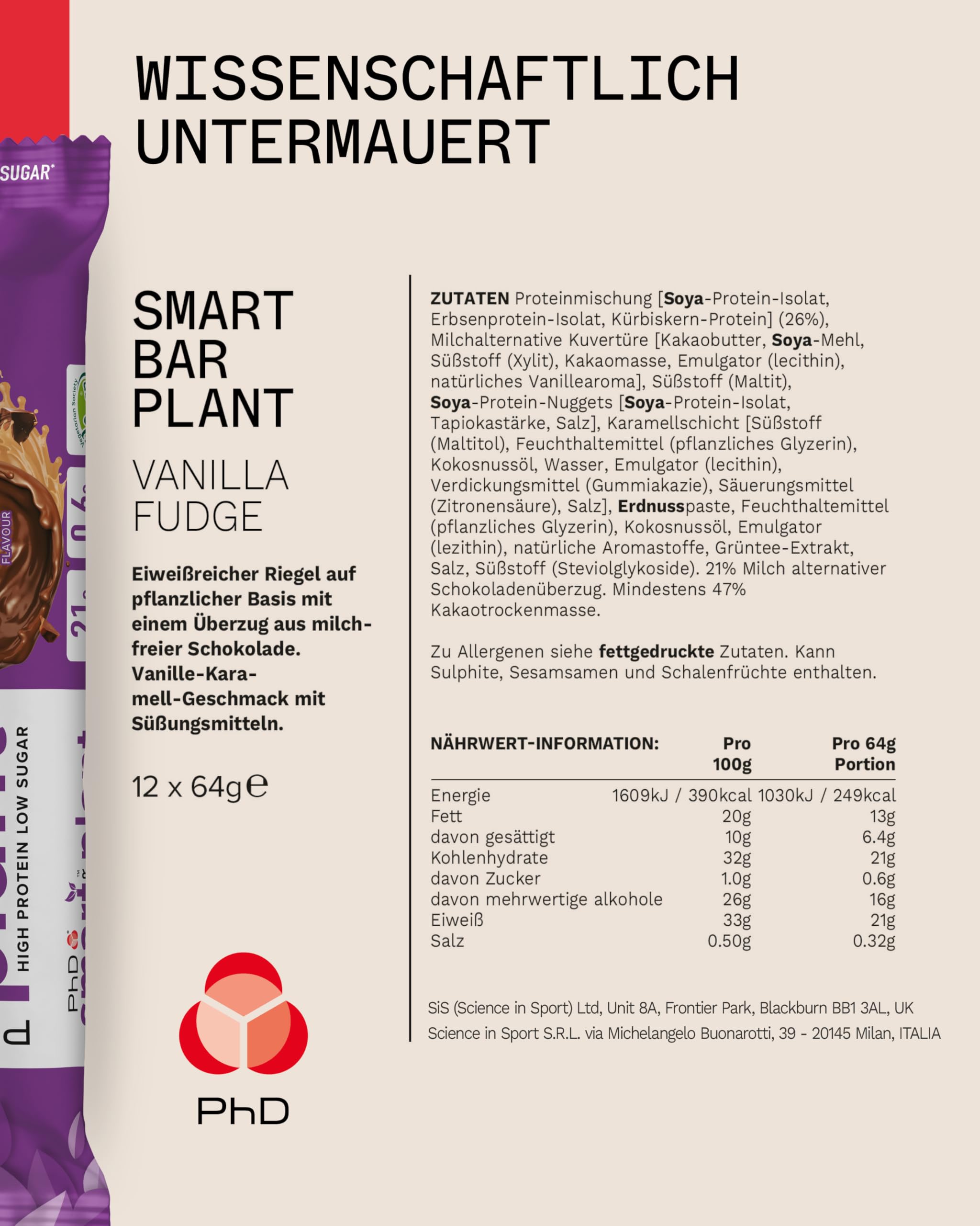 PhD Nutrition Smart Plant Protein Riegel Vegan 12 x 64g Vanille Karamell - High Protein Snack mit 21g Eiweiß und wenig Zucker, Makrofreundlicher Eiweißriegel