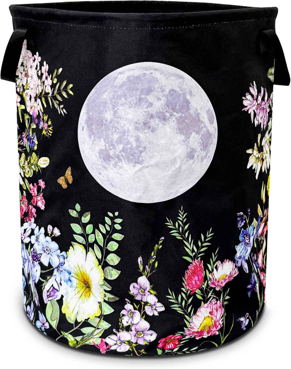 Full Moon Laundry Basket Colorful Flowers Foldable Oxford Cloth Funny Tote Bag Laundry Hamper Clothes Storage Bucket Toy Organizer For Bathroom/Laundry Storage/Bedroom 18.9x16.5 Inch