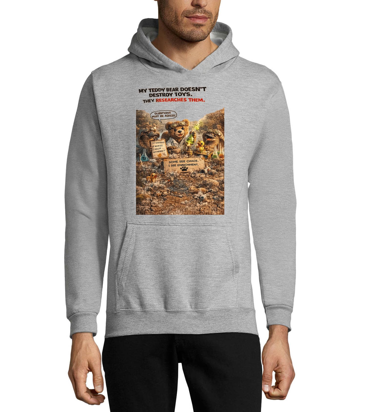 Teddybär-Kapuzenpullover, Unisex, Baumwollmischung, Grau
