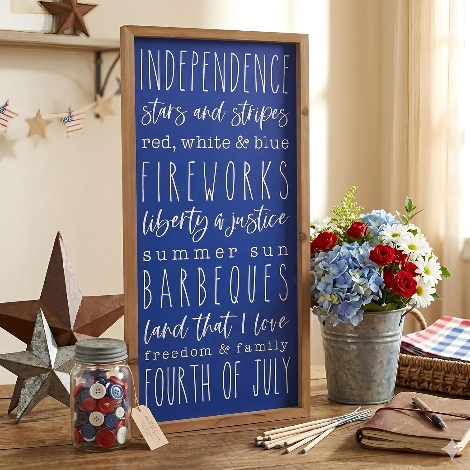 Memorial Day Patriotic Wall Decor, 23.6"×11.8" Wooden 4th of July Wall Art Framed Stars and Stripes Sign, Independence Day Indoor Living Room Bedroom Office Rustic Farmhouse Home Decorations