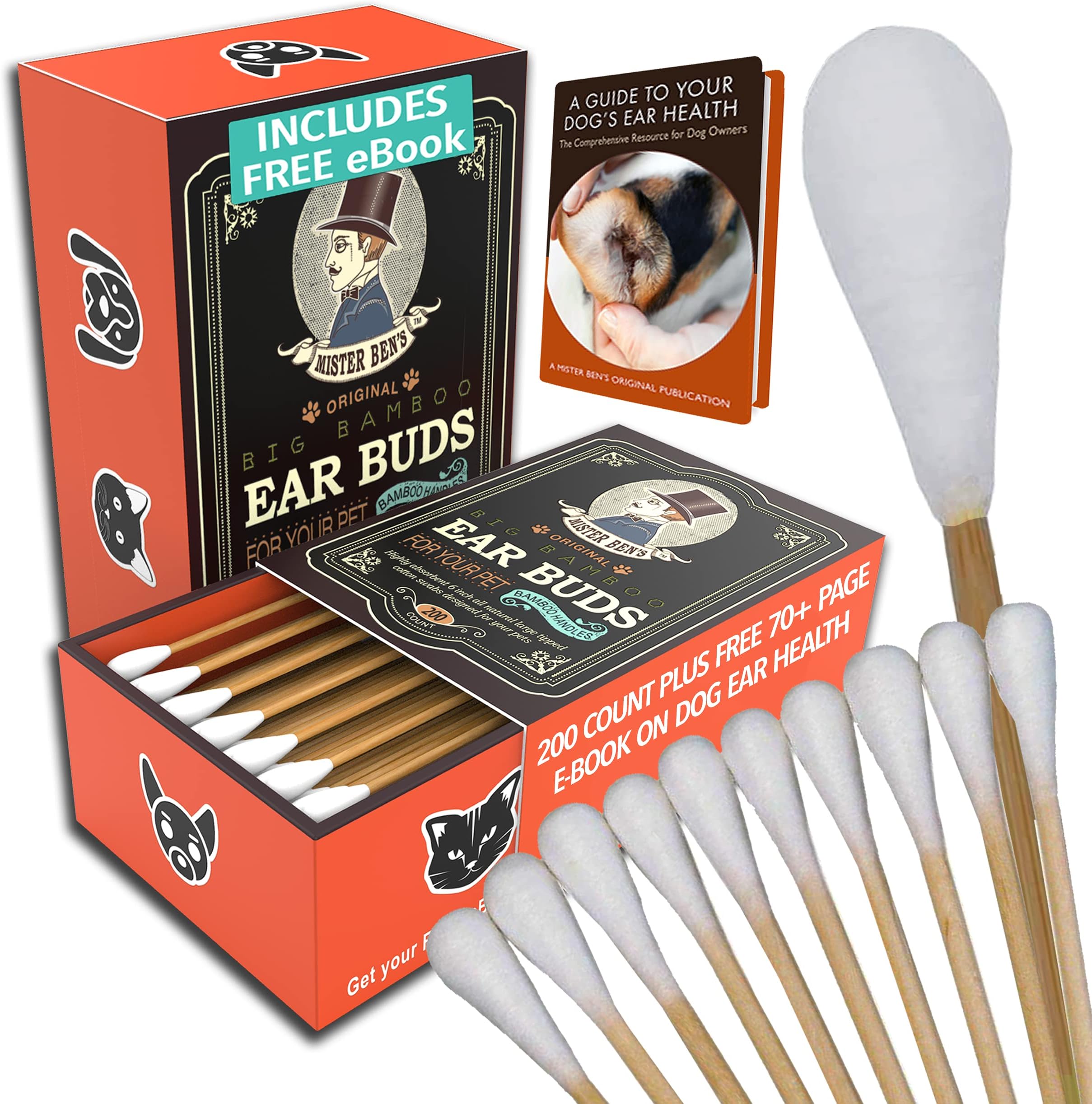 MISTER BEN'SOriginal Big Bamboo Buds for Pets – Premium Cat and Dog Ear Cleaner Cotton Swabs – Soft, Absorbent Cleaning Ear Bud with Long 6 Inch Bamboo Handle – 200 Count