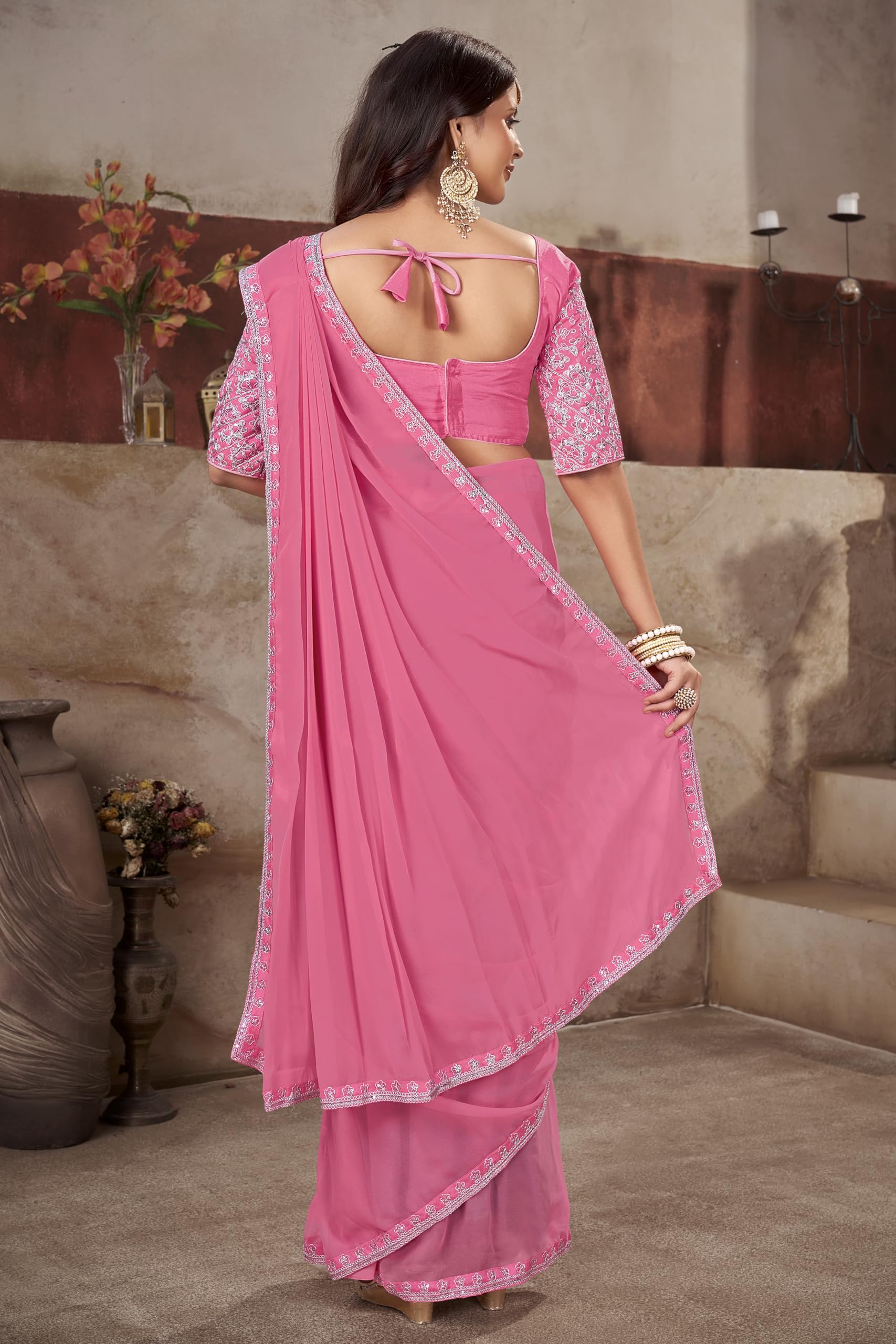 Glory Sarees Women's Georgette Ready To Wear Saree With Silk Blouse Piece (Readymade_Saree106_Pink) 3
