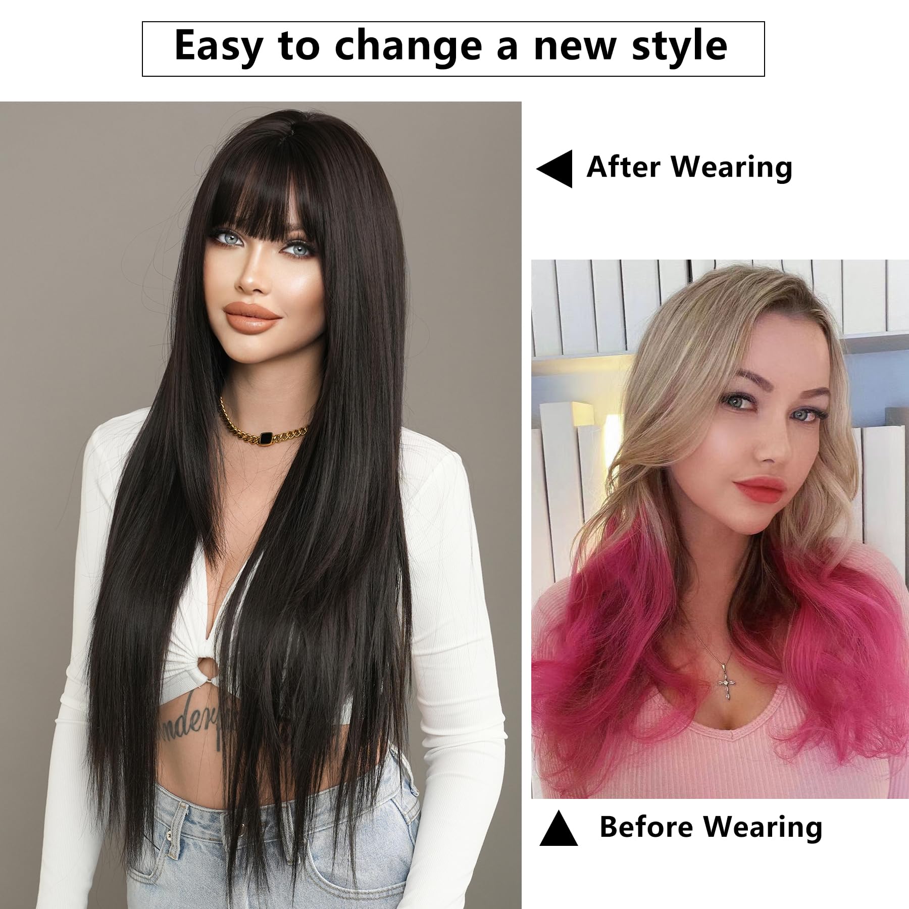 Long Straight Human Hair Wig with Bangs, Layered, Heat Resistant, Lightweight Long Straight Synthetic Layered Wig for Women Daily Cosplay  main image 3
