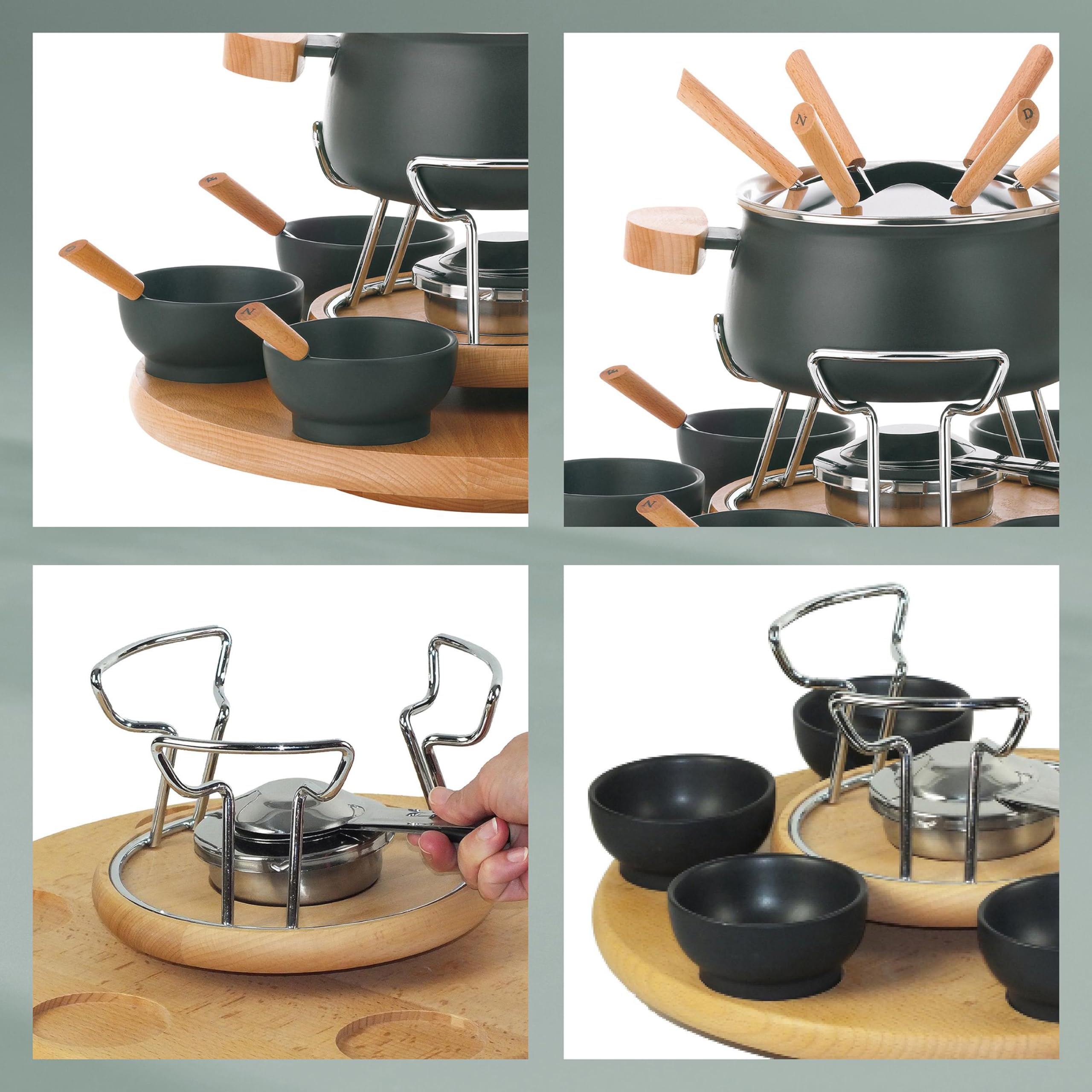 kela Fleischfondue Set 23 teilig, Fondueset für 6 Personen NATURA, Fondue mit drehbarer Holzplatte, Gabeln, Schälchen, Gabelhalter, Brennpastenhalter