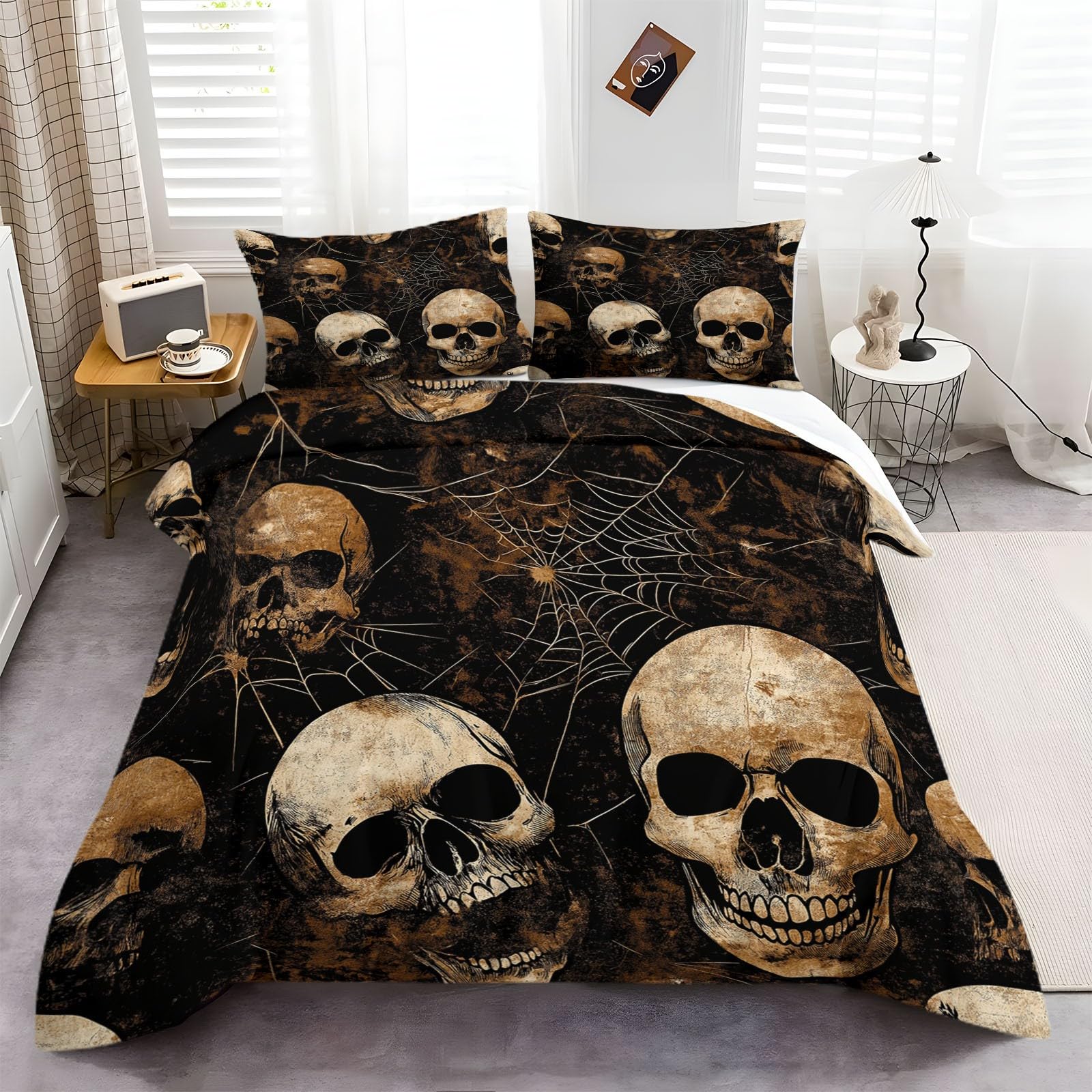 Zestaw pościeli 200 x 220 cm, motyw Halloween, motyw trupiej czaszki, sieć pajęczyna, miękka poszewka na kołdrę wysokiej jakości hotelowa, hipoalergiczna poszewka na kołdrę do pokoju dziecięcego