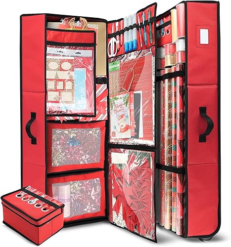 Hearth & Harbor Wrapping Paper Storage Container with Ribbon Dispenser and Interior Pockets - Large Christmas Storage Containers with Wheels, Fits 30 Rolls of 40" Length, Red