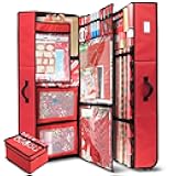 Hearth & Harbor Wrapping Paper Storage Container with Ribbon Dispenser and Interior Pockets - Large Christmas Storage Containers with Wheels, Fits 30 Rolls of 40