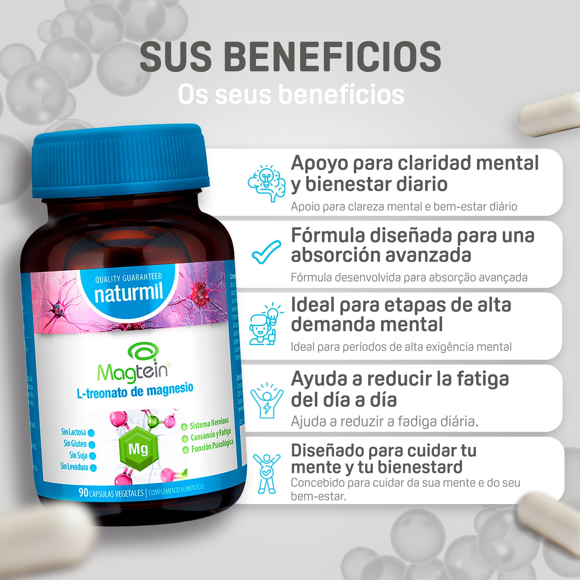 Magtein L-Treonato de Magnesio - Magnesio de Alta Absorción para Sistema Nervioso y Función Psicológica - Ayuda a Reducir Cansancio y Fatiga - 90 Cápsulas Vegetales - Dietmed