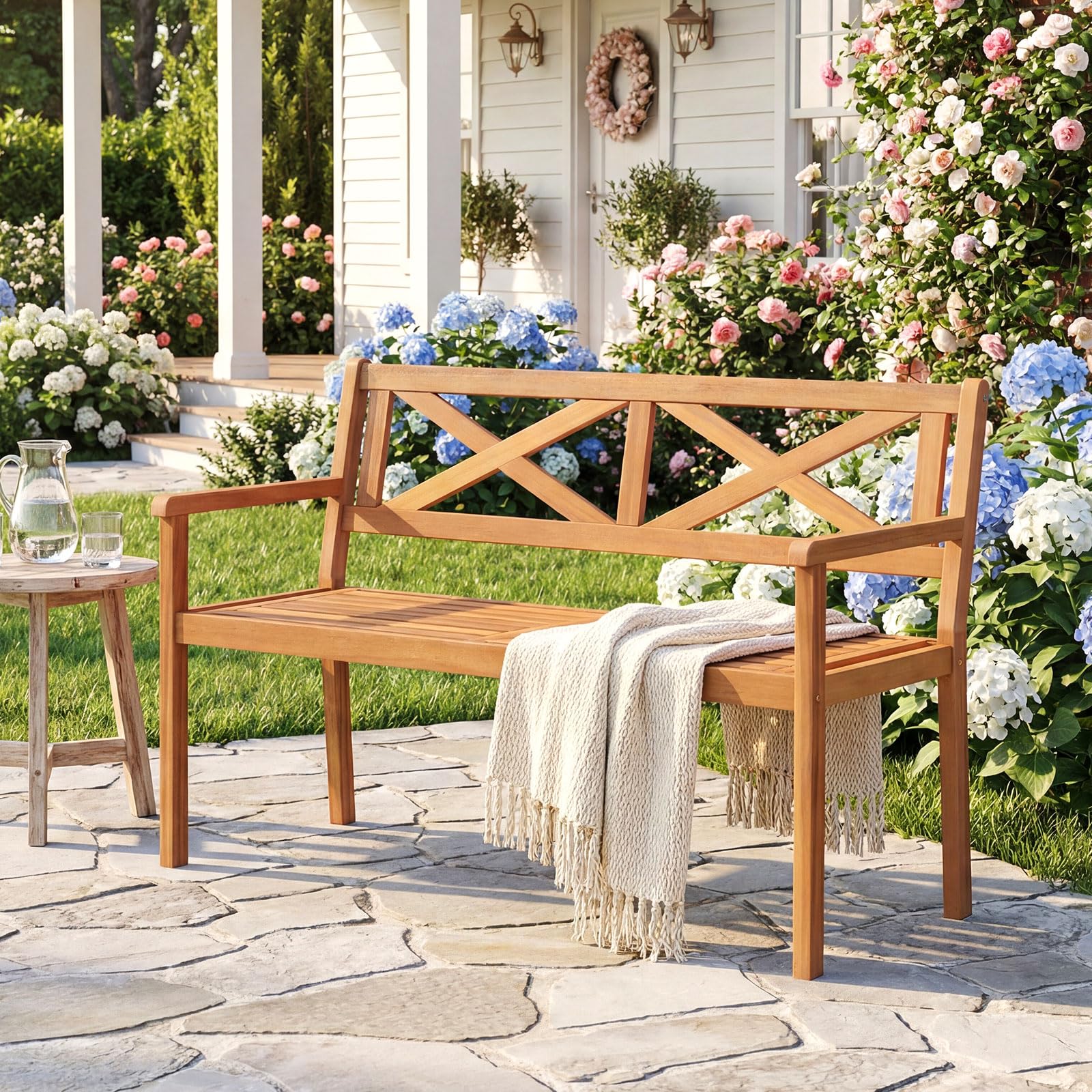 COSTWAY Banc de Jardin en Bois d'Acacia, Banc Exterieur Jardin 2 Places, Dossier Incliné à Motif Géométrique, Charge 360 KG, Accoudoirs, Banquette pour Terrasse Parc Patio Balcon, 119 x 56 x 80 cm