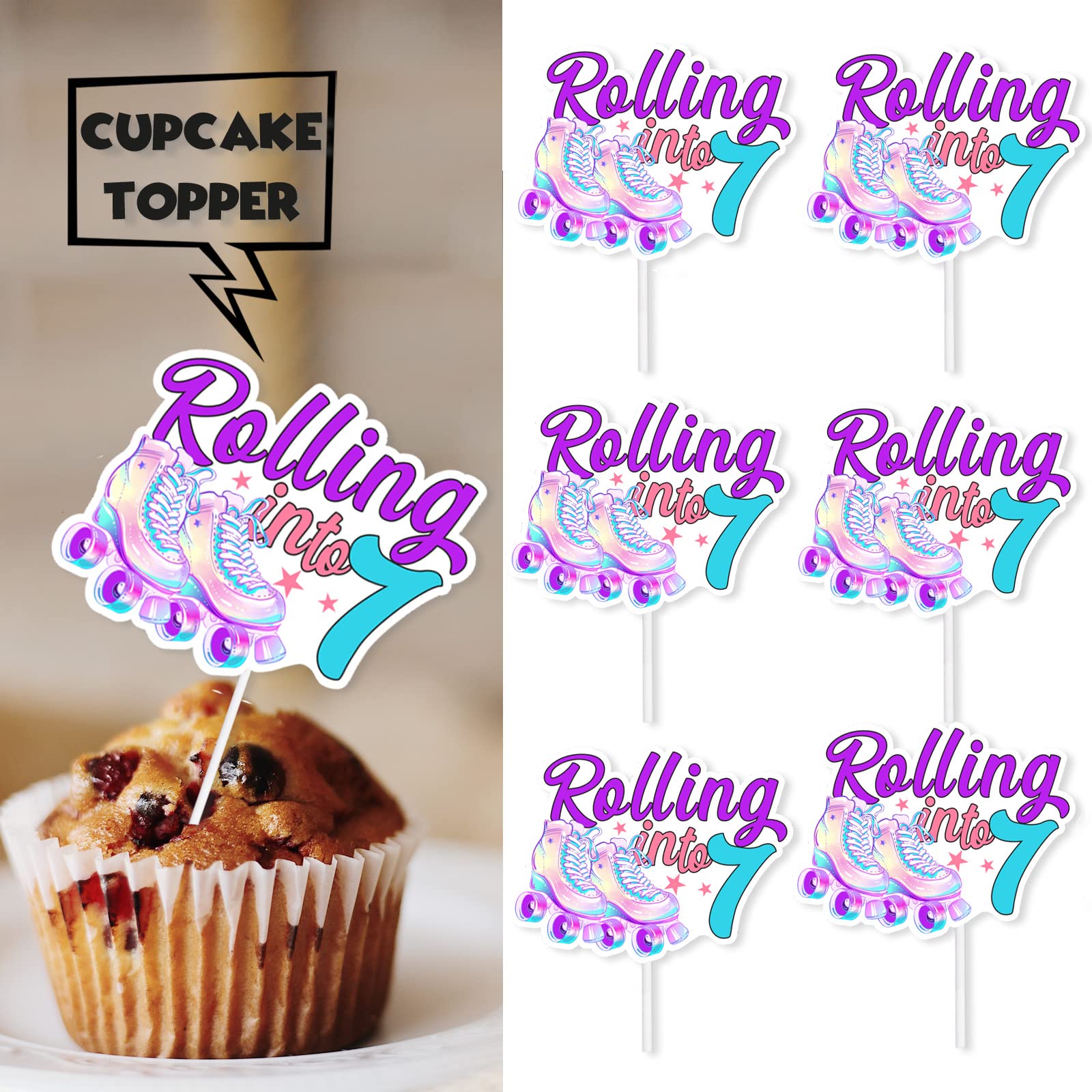 18pcs Purple Glitter Roller Skates Dessert Cupcake Topper 80s 90s Retro Hip Hop Roller Skating Rolling into 7 Theme Decor Supplies Boy Girl 7th Happy Birthday Party Decorations