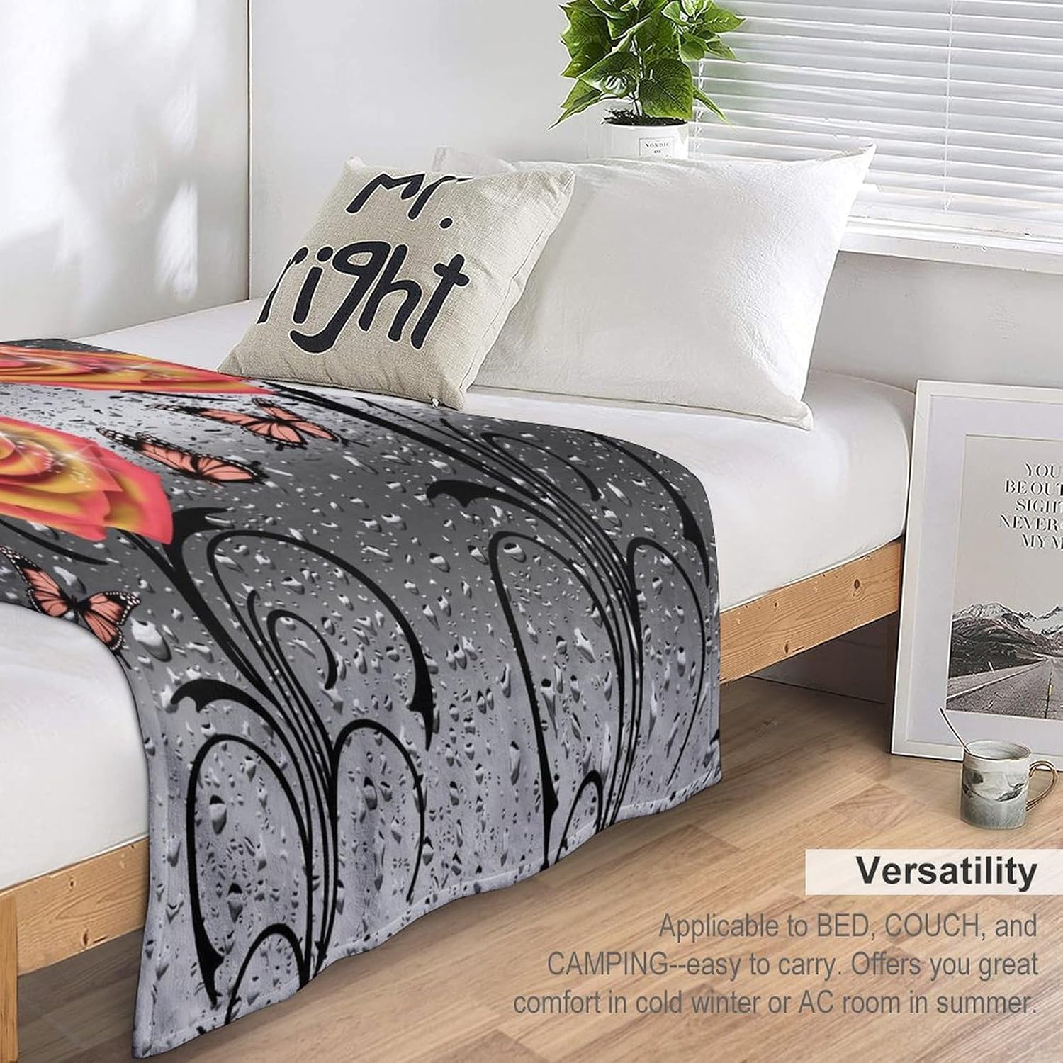 Orange Rose Print Throw Blanket Floral Raindrops Gray Art Blanket for Sofa Bed Couch Chair Or Dorm 70"x80"