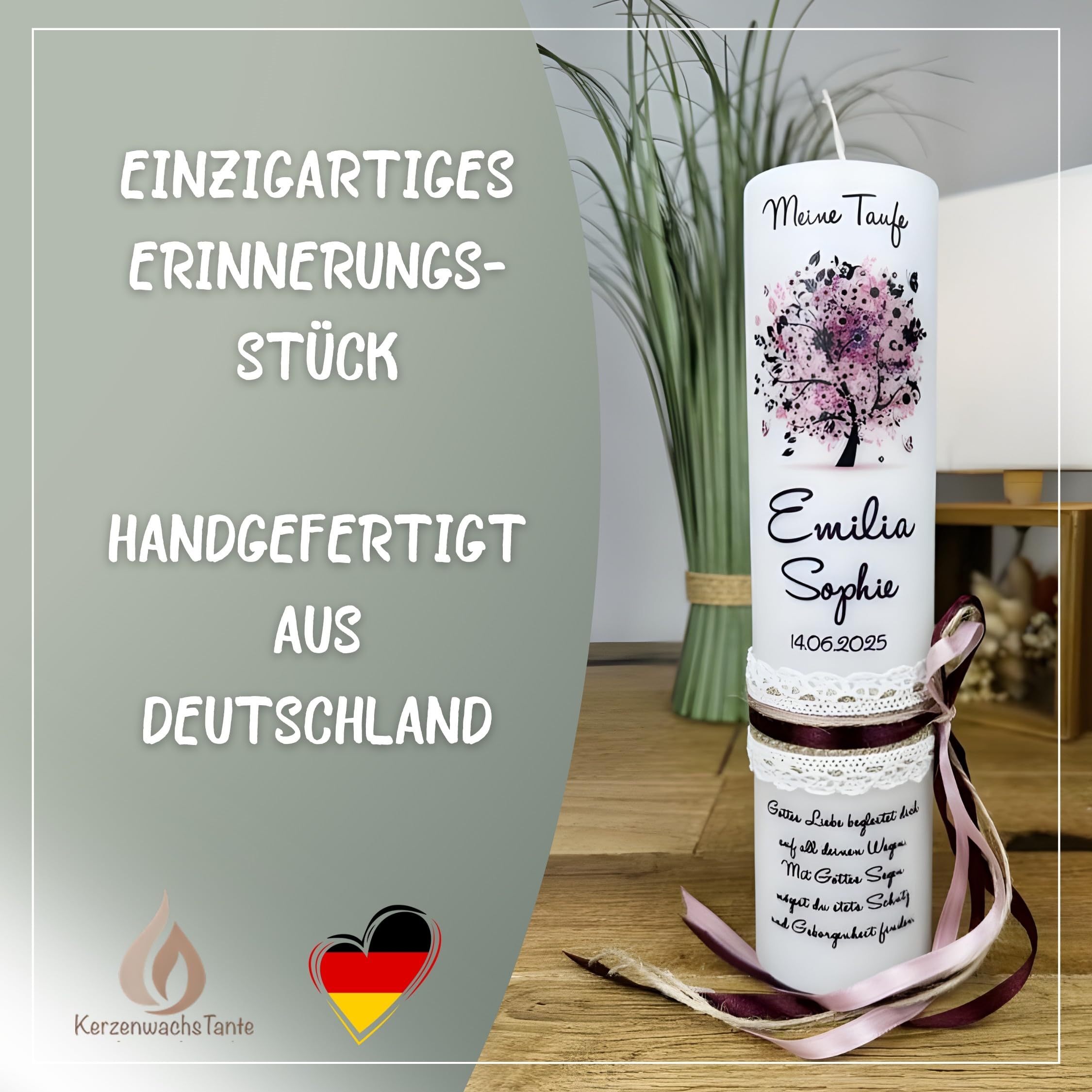 KERZENWACHSTANTE® Taufkerze "Baum des Lebens" u. Bibelmotiv 25x8 cm - Mit Wunschnamen - Geschenk zur Taufe für Jungen & Mädchen – Handarbeit mit Vintage Spitze & Schleife in pflaume-rosa
