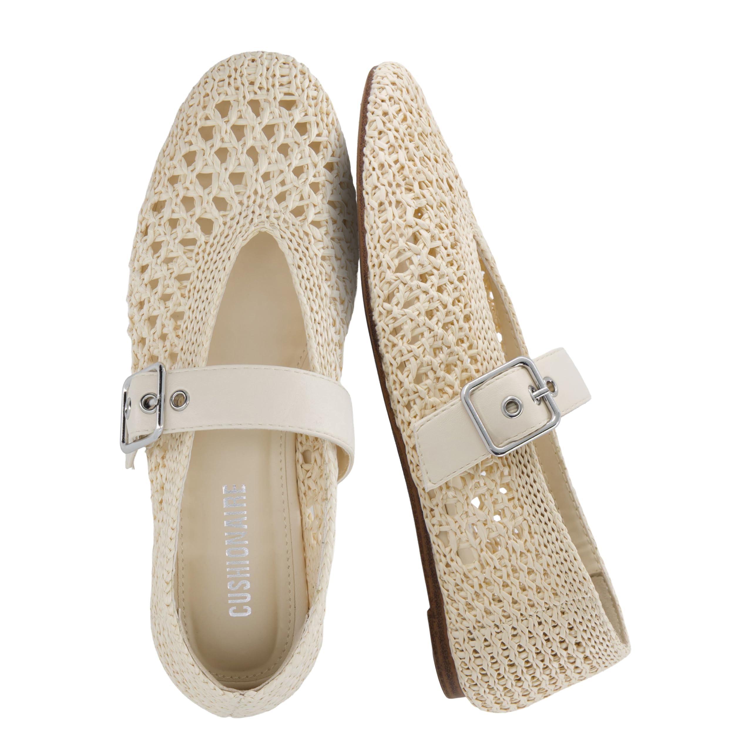 CUSHIONAIRE Gabby Woven Mary Jane Ballet Flats for Women, Comfortable Dressy Flat Shoes with Adjustable Gold-Tone Buckle and Memory Foam Cushioning