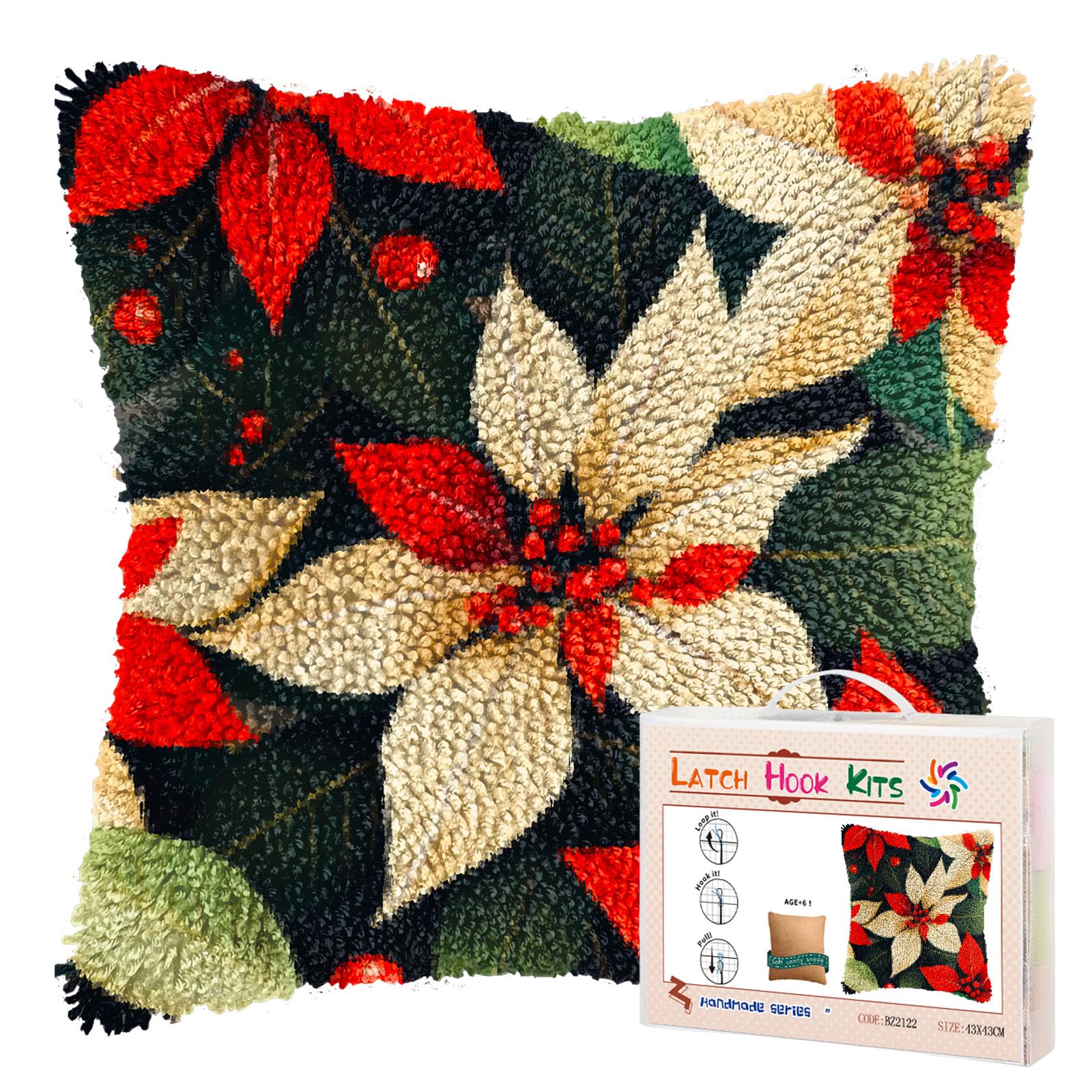Latch Hook Pillow Kits for Adults Merry Christmas Flowers Poinsettia DIY Pillow Cover Printed Pillowcase Crochet Yarns Hooking Handmade Cushion for Home Sofa Decoration 17x17inch(8)