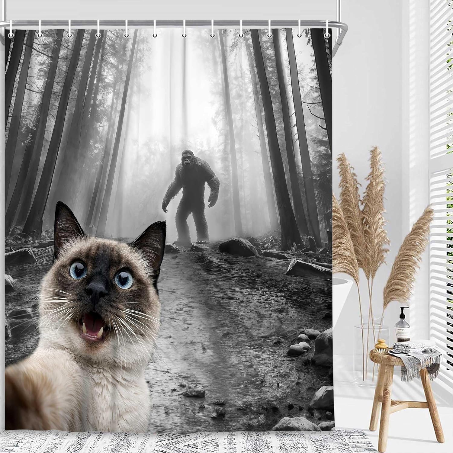 JAWO Funny Cat Shower Curtain,Selfie Cat Big Foot Sasquatch Waterproof Bath Curtain, Funny Animal Misterious Forest Bathroom Decor, Fabric Shower Curtains with Hooks