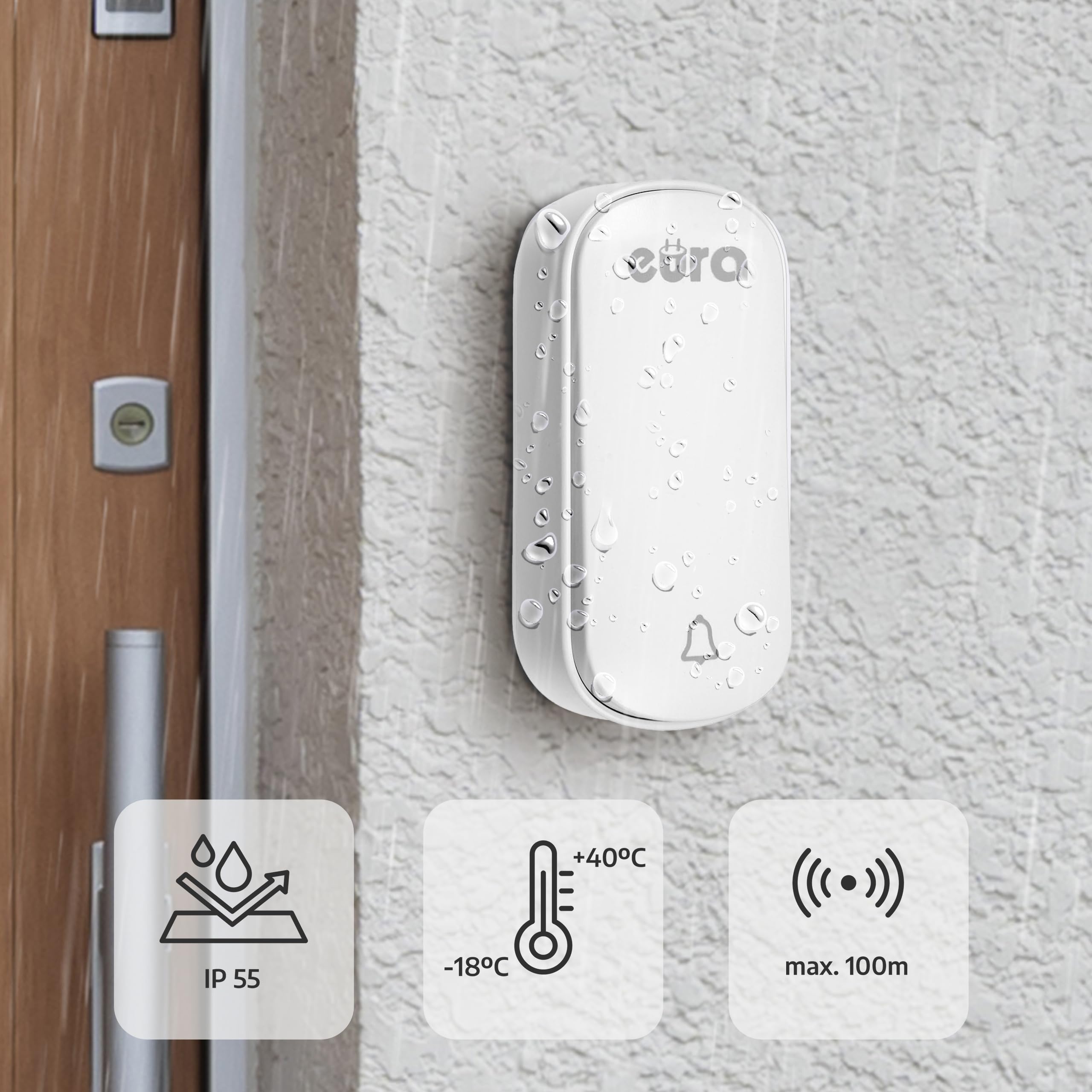 Timbre inalámbrico sin batería SOUL WDP-91H2 con enchufe de ~ 230 V de Eura-Tech, para exteriores, resistente al agua, inalámbrico, alcance de 100 m, 58 melodías, 4 niveles de volumen