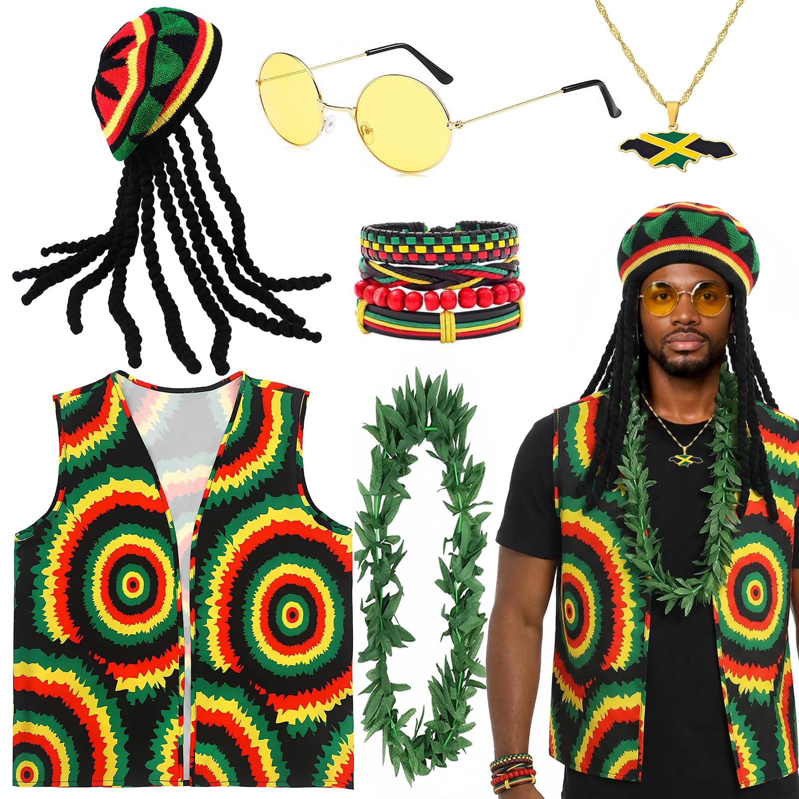 6Pcs Rasta Costume Set for Adults – Jamaican Reggae Fancy Dress Accessories Includes Dreadlocks Hat, Caribbean Vest, Glasses, Necklace & Bracelet for Women Men Halloween Carnival Party Cosplay
