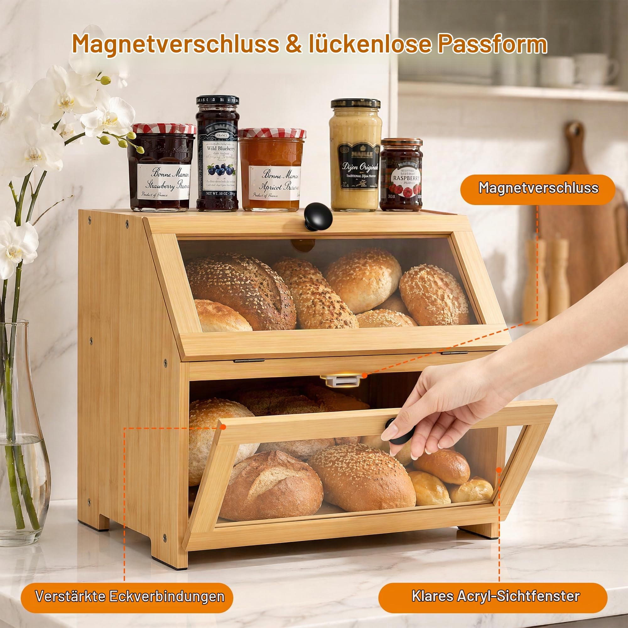 RayLove Bambus Brotkasten, Hölzerner Brotkastens, 2-Lagiger Brotbehälter, Verwendet für Die Lagerung von Brot, Selbstmontage (Naturfarbe)