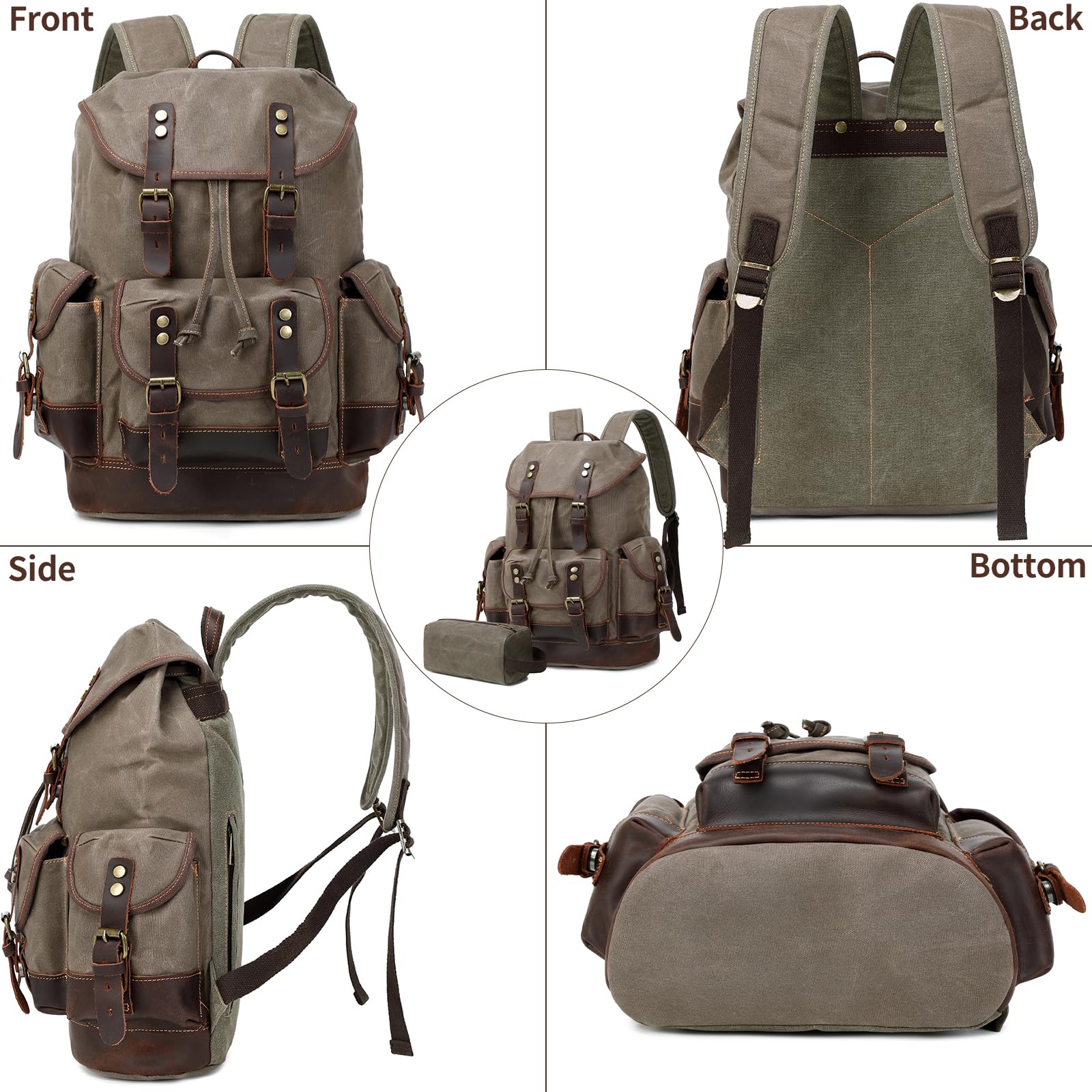 Wogarl Zaino in pelle da uomo, in tela cerata, stile vintage, per lavoro, università, viaggi, escursionismo, con borsa da toilette (verde militare), verde scuro, Medium, Tempo libero