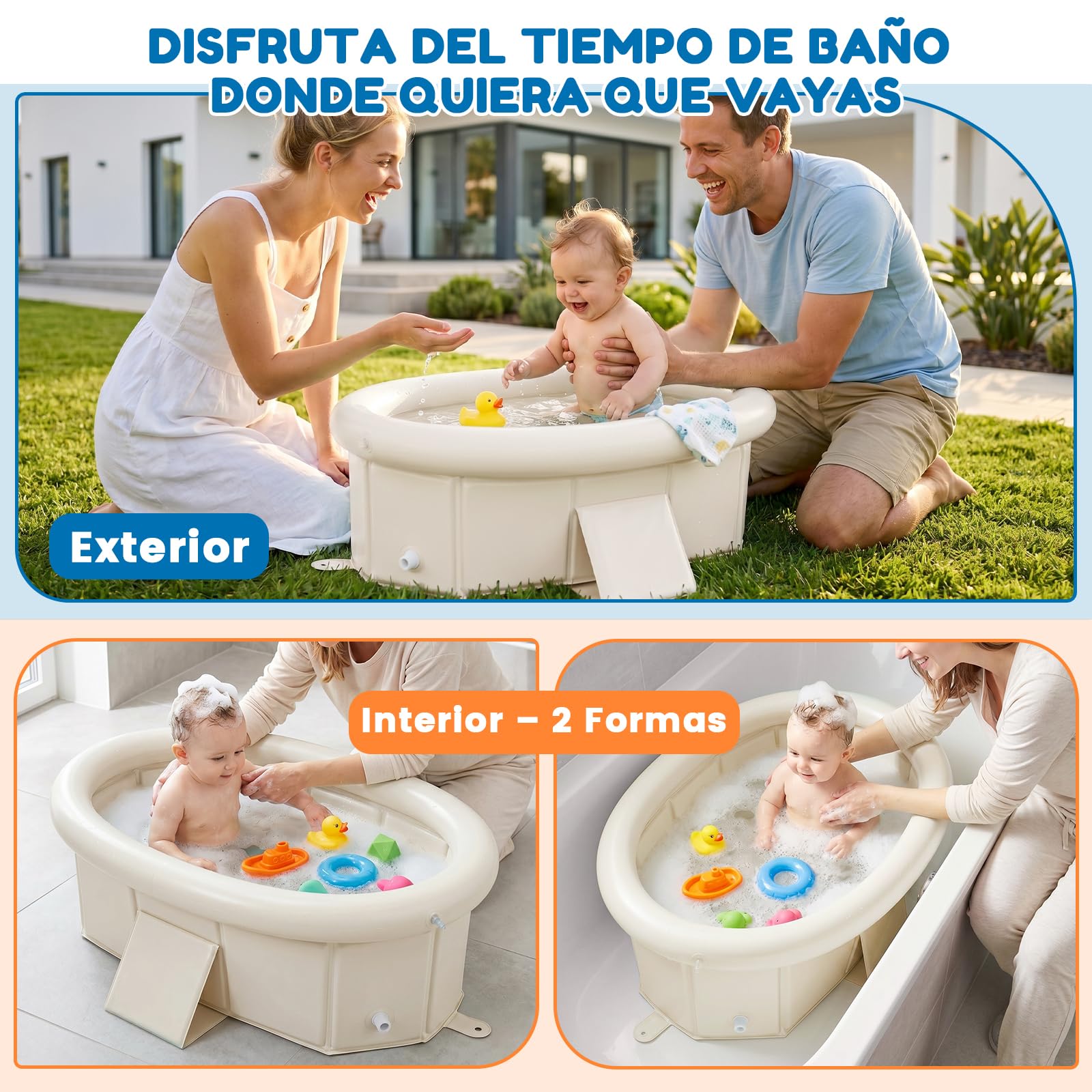 Orzbow Bañera Bebe Plegable, Bañeras para Bebes con Borde Superior Inflable, Bañera Portatil Bebe para Niños de 6 Meses a 6 Años, Estable y Duradera,Fácil de Limpiar, No Requiere Montaje, Blanco crema