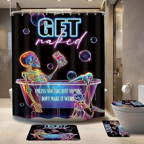 Miniatura 8 de Juego de 4 cortinas de ducha divertidas de calavera de esqueleto de 72 pulgadas de ancho x 72 pulgadas de alto, juego de baño de Halloween, juego de