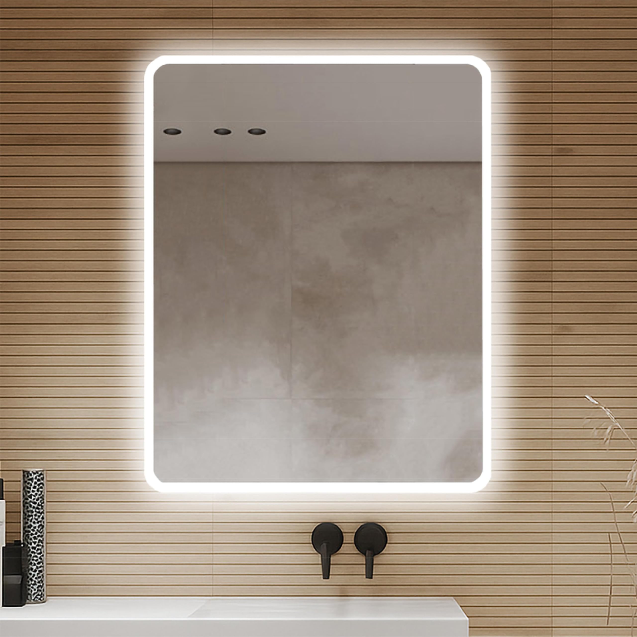 Nuve - Espejo Baño Luz LED Fría Rectangular 80x100 | Espejo Retroiluminado Esquinas Redondeadas y Decorado Mate | Plata Ecológica de 4 mm | Montaje Horizontal o Vertical